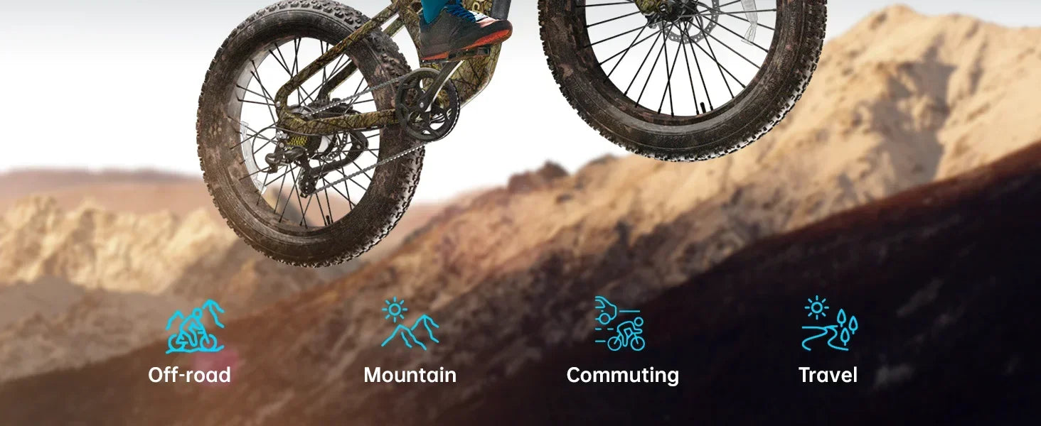 1350W Peak Electric Bike for Adults 48V 20AH Battery 26 Fat Tire Full Suspension Mountain Ebike 80 Miles Range