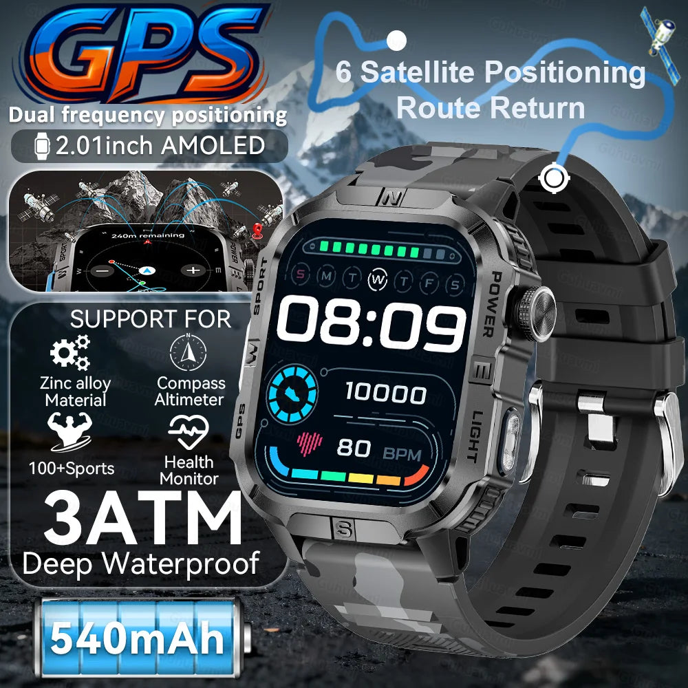 2026New GPS Outdoor Smart Watch Men Women Compass Altimeter Barometer Waterproof Bluetooth Call Sports Smartwatch 540mAh Battery