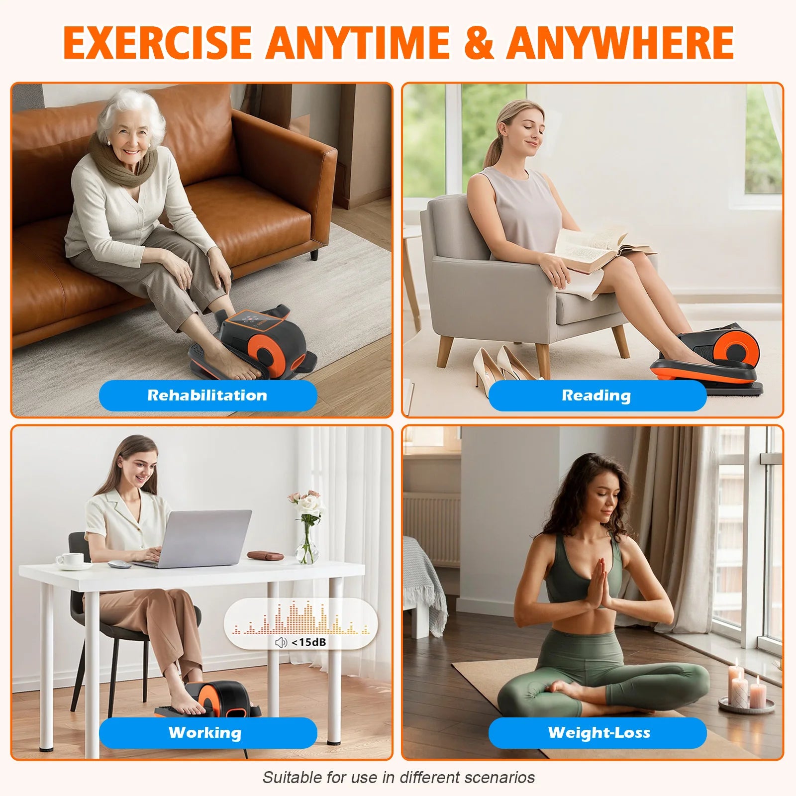 Under-Desk Electric Elliptical Pedal Exerciser 15-Levels 3 Auto Modes Fully Assembled Quiet Portable Full-Body for Office Home