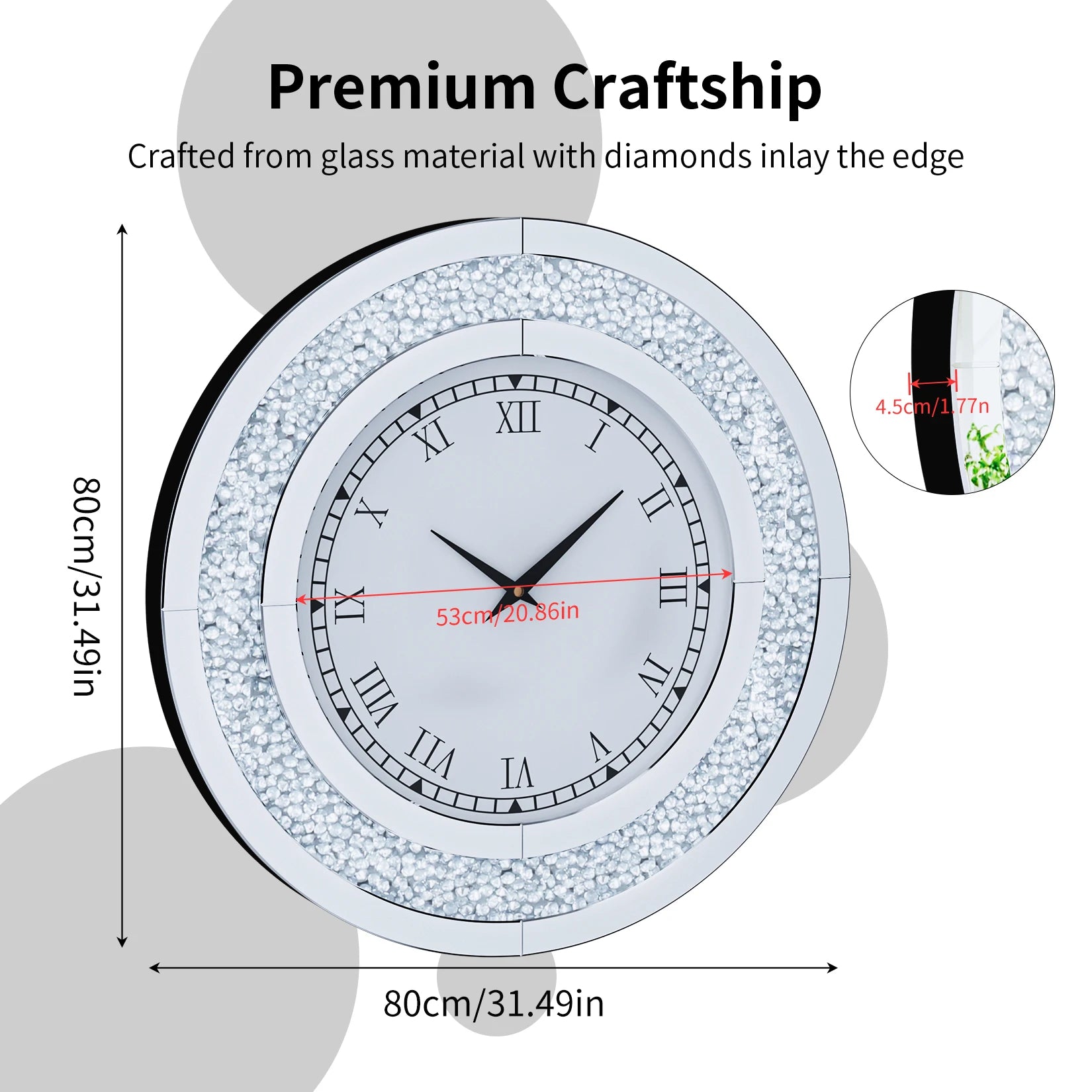 60/80CM Bling Silver Round Mirror Clock Glam Sparkle Twinkle Shining Mirrored Wall Clock for Home Decor