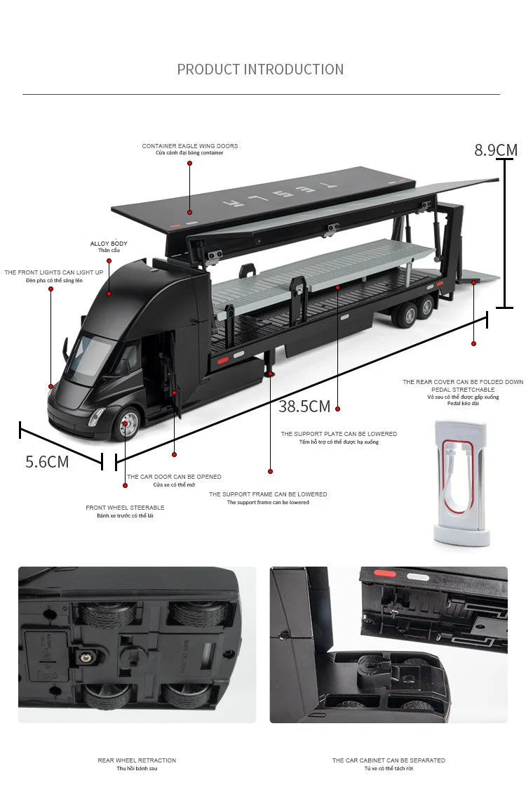 1:32 Semi Alloy Electric Semi Trailer Truck Head Car Model Diecast Container Transport Truck Vehicles Car Model Sound Light Toys