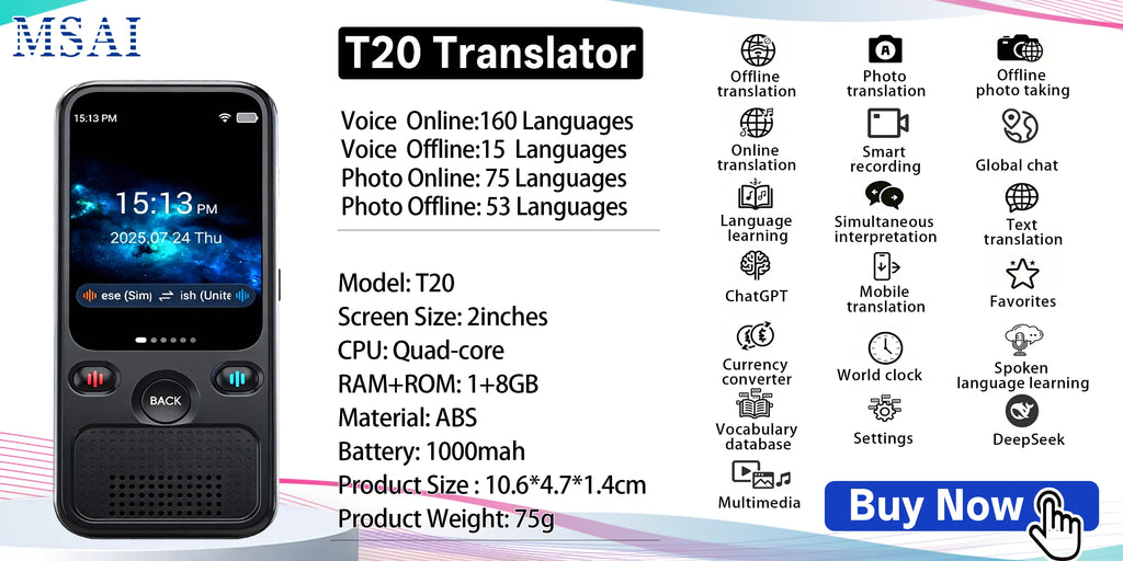 MSAI T20 160 Languages Translator with Camera Real-Time Voice Audio Photo Online Offline Translation Device Travel Assistant