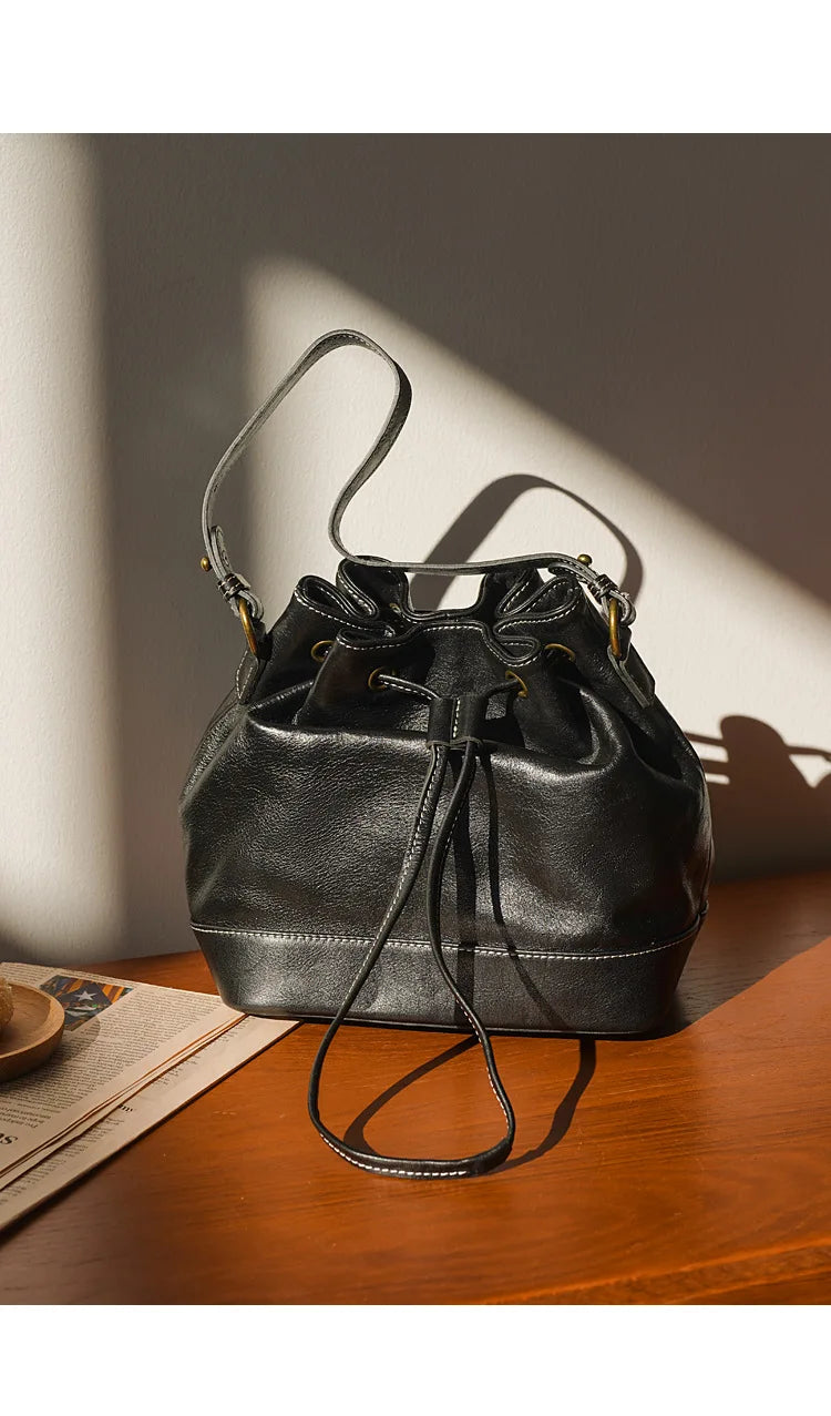 Leather Bucket Bags and Drawstring Crossbody Purse for Women Medium Tote