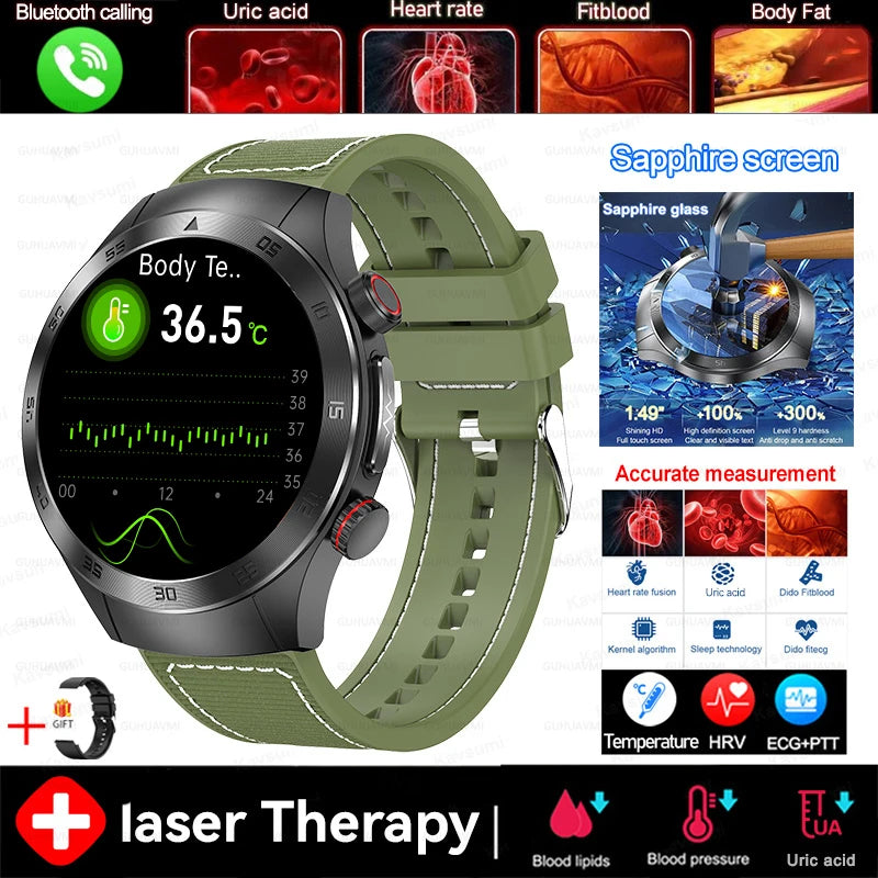 2026New Precise Laser Therapy Bracelet Health ECG+PPG Smart Watch Blood Pressure Blood Lipid Uric Acid BT HD Call SmartWatch Men