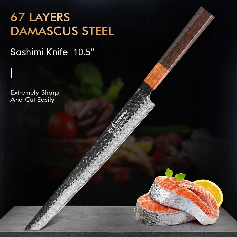TURWHO 10.5 Inch Professional Sashimi Knife Japan 67 Layer Damascus Chef's Knife Super Sharp Cutting Sushi Salmon Kitchen Knives