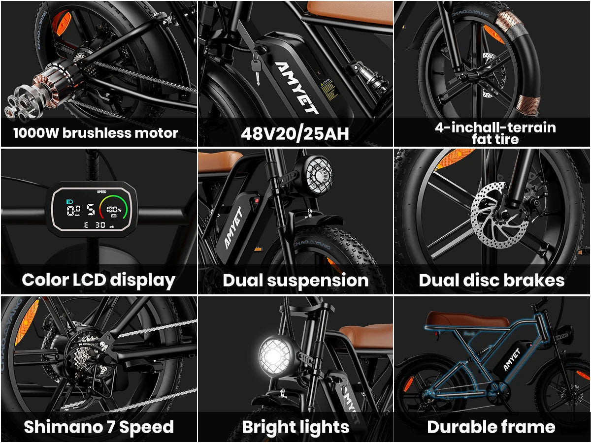 AMYET V9-G60 Adults Electric Bike 1000W Motor Bicycle 48V 20AH 20“ Tire Ebike Electric E Bikes Mountain Moped Ebikes For Men