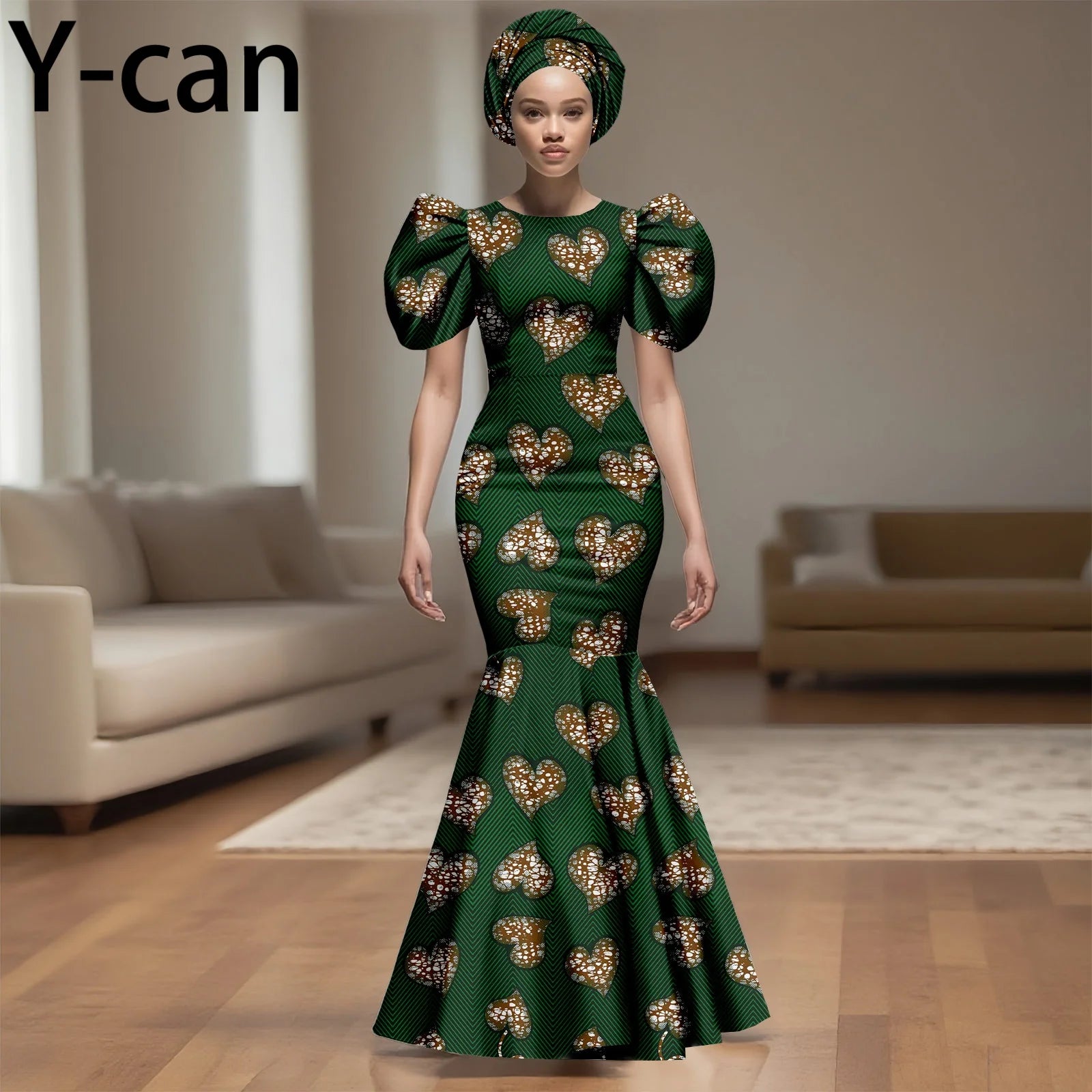 African Party Dress for Women Puff Sleeve O-neck Slim Fit Mermaid Dresses with Headwrap for Birthday Evening Wedding 2525142