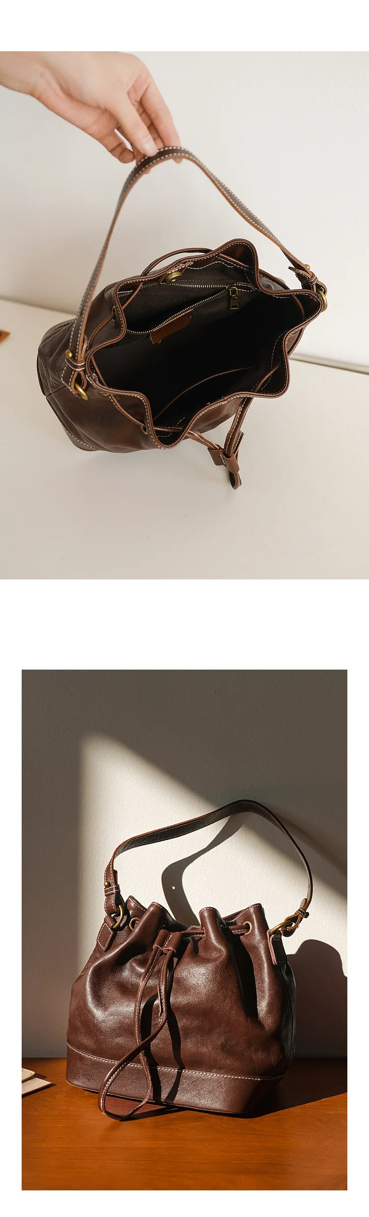 Leather Bucket Bags and Drawstring Crossbody Purse for Women Medium Tote