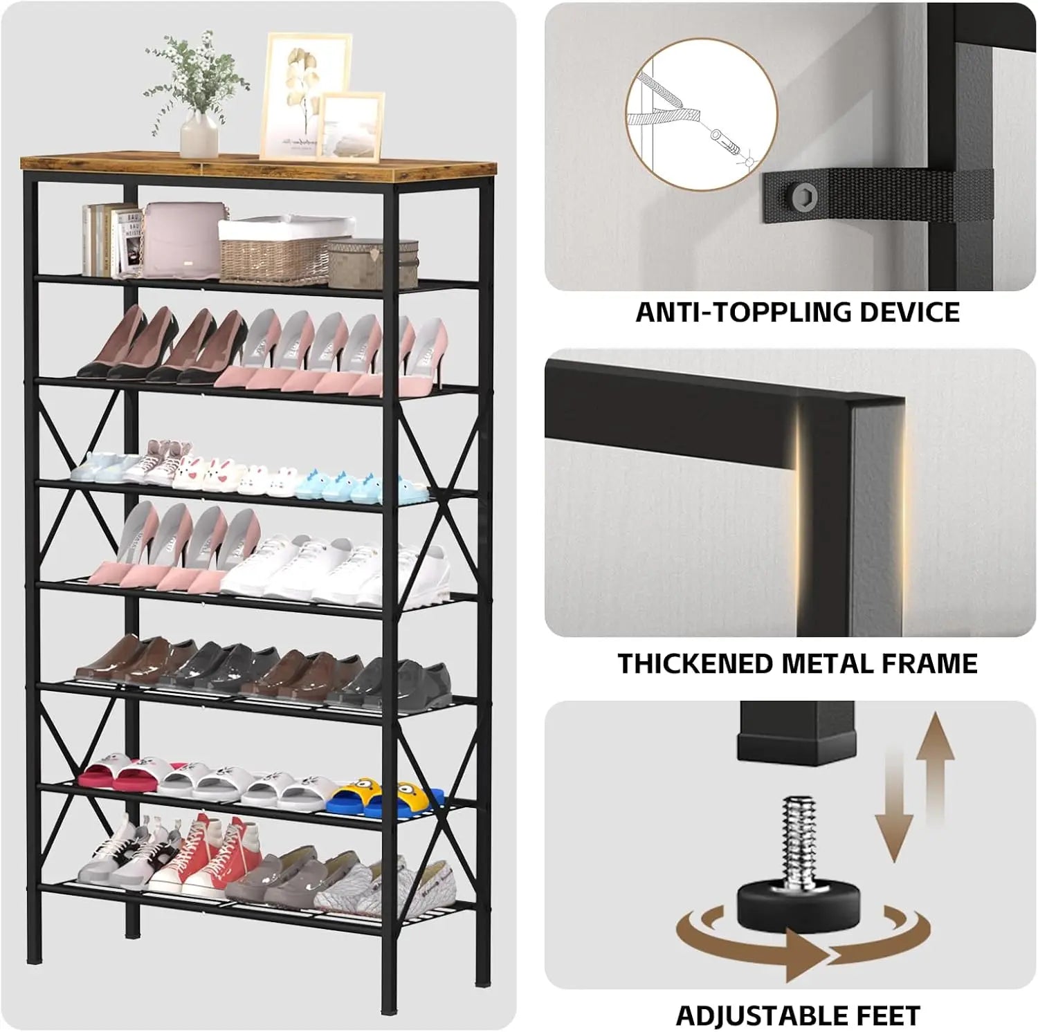 8-Tier Tall Shoe Rack Organizer, Holds 32 Pairs, Durable Adjustable Metal Shelf for Entryway or Closet