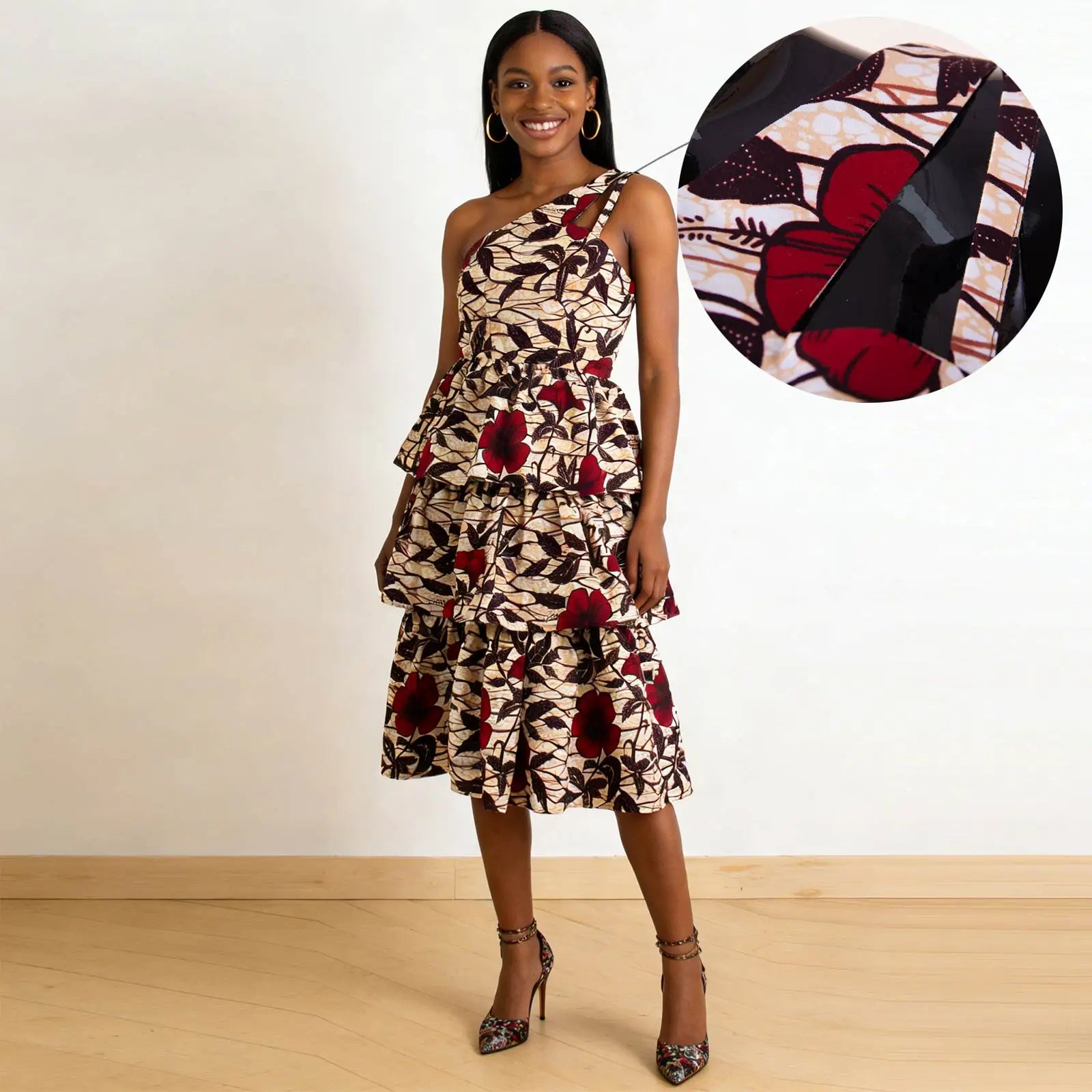 African Dress for Women Ankara Print Skew Collar Sleeveless Mid-Calf Cascading Dress Dashiki Elegant fashion Casual Party Dress