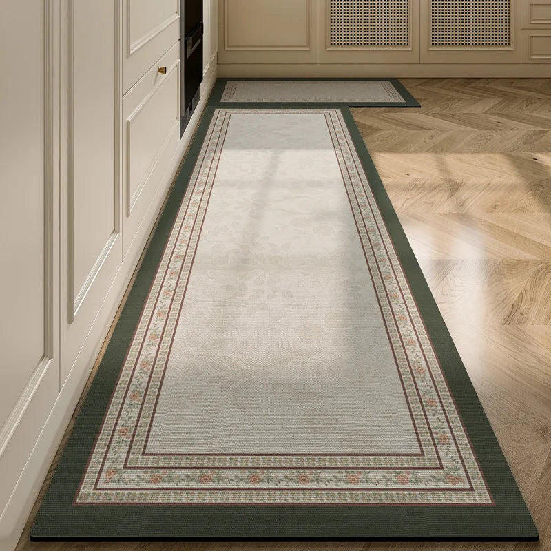 VIKAMA Vintage Crystal Velvet Kitchen Floor Mat, Water-Absorbing, Oil-Absorbing, Anti-Slip, No-Clean L-Shaped Carpet, Home Decor