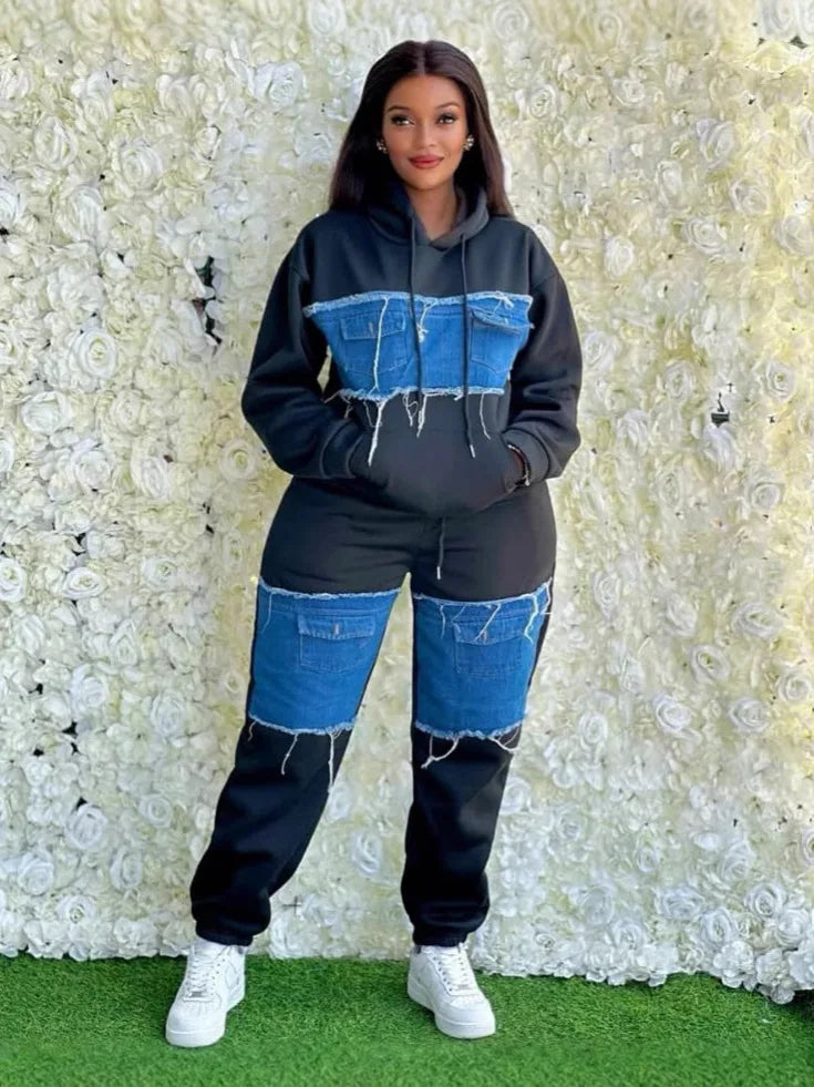 2 Piece Women Set Dashiki African Clothes Spring Autumn New Fashion Long Sleeve Denim Top And Pants Suit Party Matching Sets