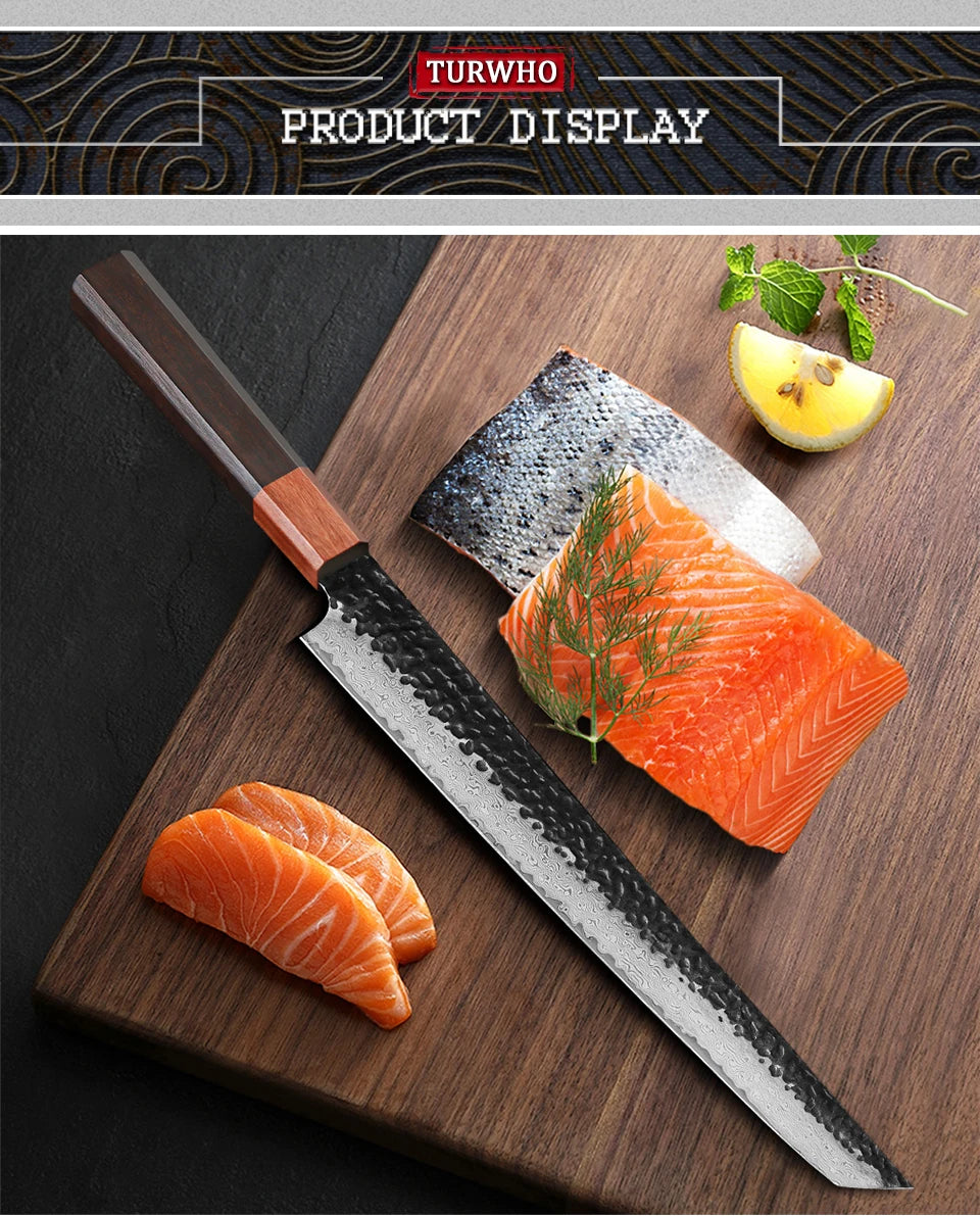 TURWHO 10.5 Inch Professional Sashimi Knife Japan 67 Layer Damascus Chef's Knife Super Sharp Cutting Sushi Salmon Kitchen Knives