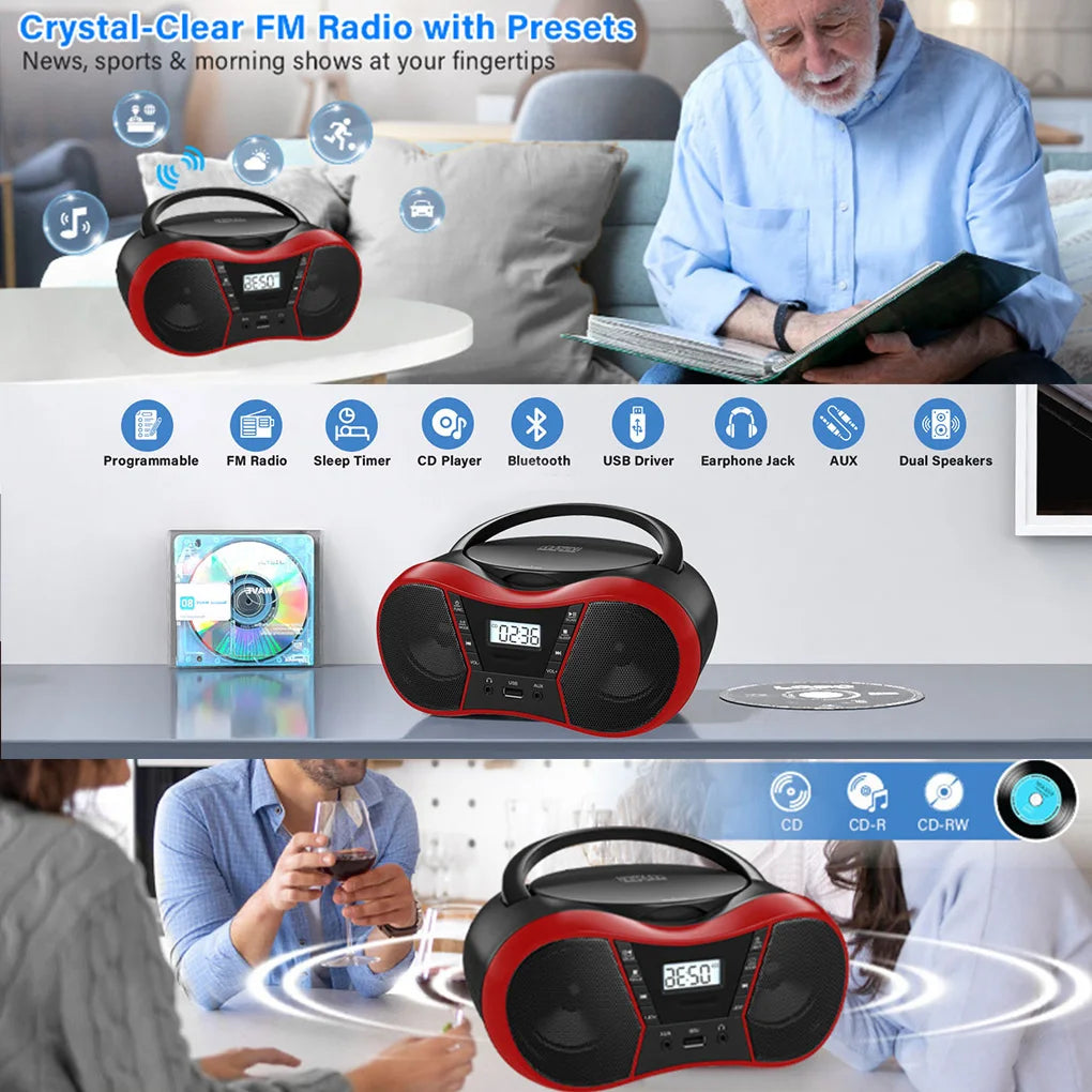 Portable CD Player Bluetooth Boombox CD Player AM/FM Radio Stereo Player, Compatible For CD/CD-R/RW Radio For Home