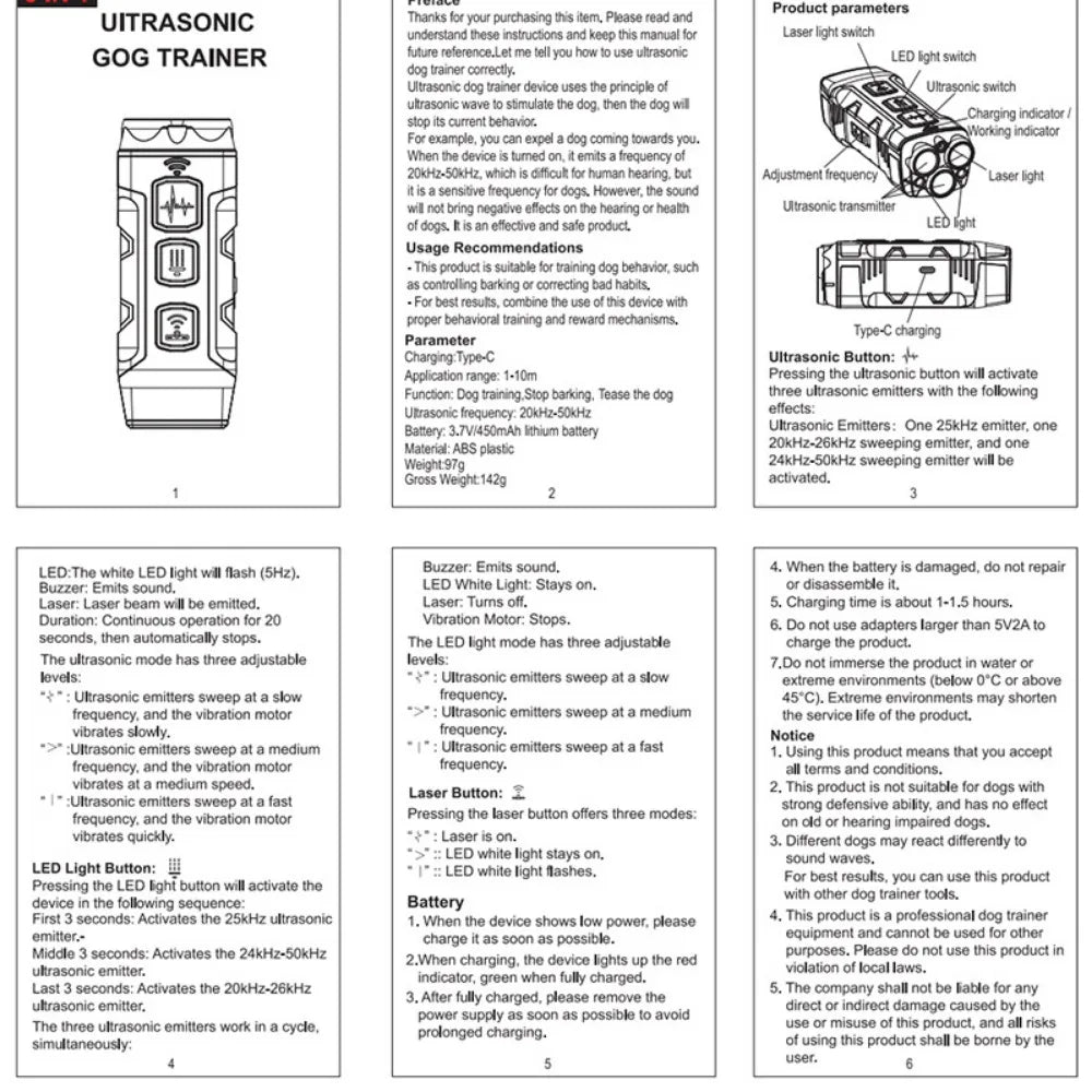 10M High Power Deterrent Ultrasonic Dog Repeller Pet Training Anti Barking with Led Flashlight Rechargeable for Dogs Accessories