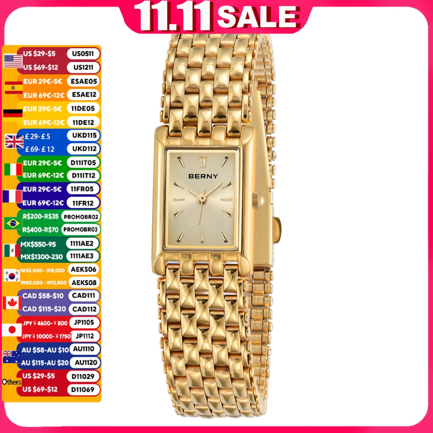 BERNY Gold Watch for Women Square Ladies Quartz Wristwatches Stainless Steel Women Small Gold Watch Luxury Casual Fashion Watch