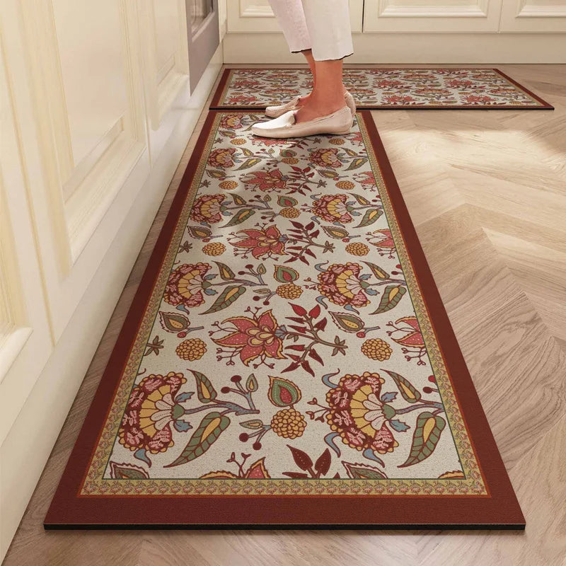 VIKAMA Vintage Crystal Velvet Kitchen Floor Mat, Water-Absorbing, Oil-Absorbing, Anti-Slip, No-Clean L-Shaped Carpet, Home Decor