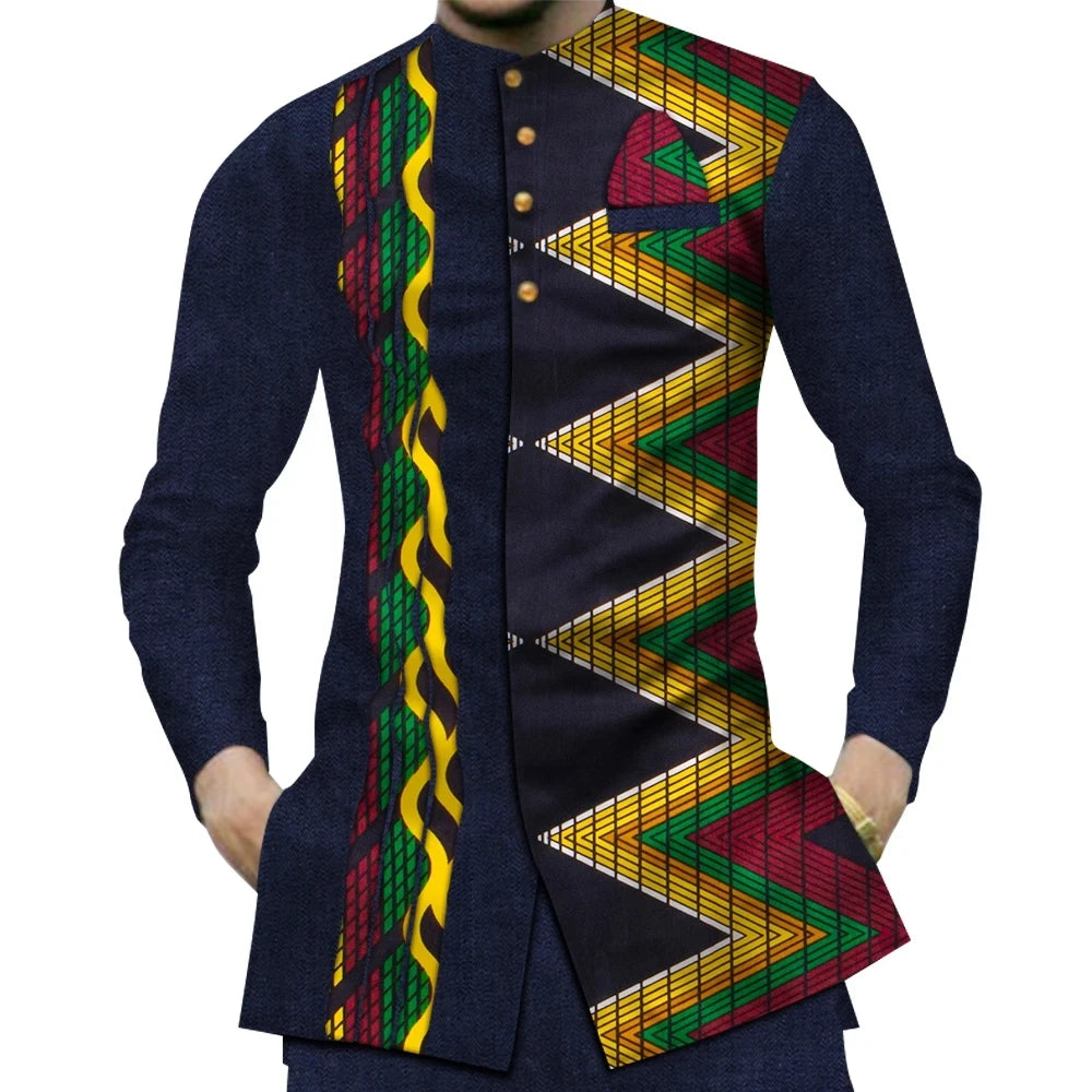 Casual 100% Cotton Mens African Clothing Dashiki Patchwork Print Shirt Tops Bazin Riche Traditional African Clothes WYN380