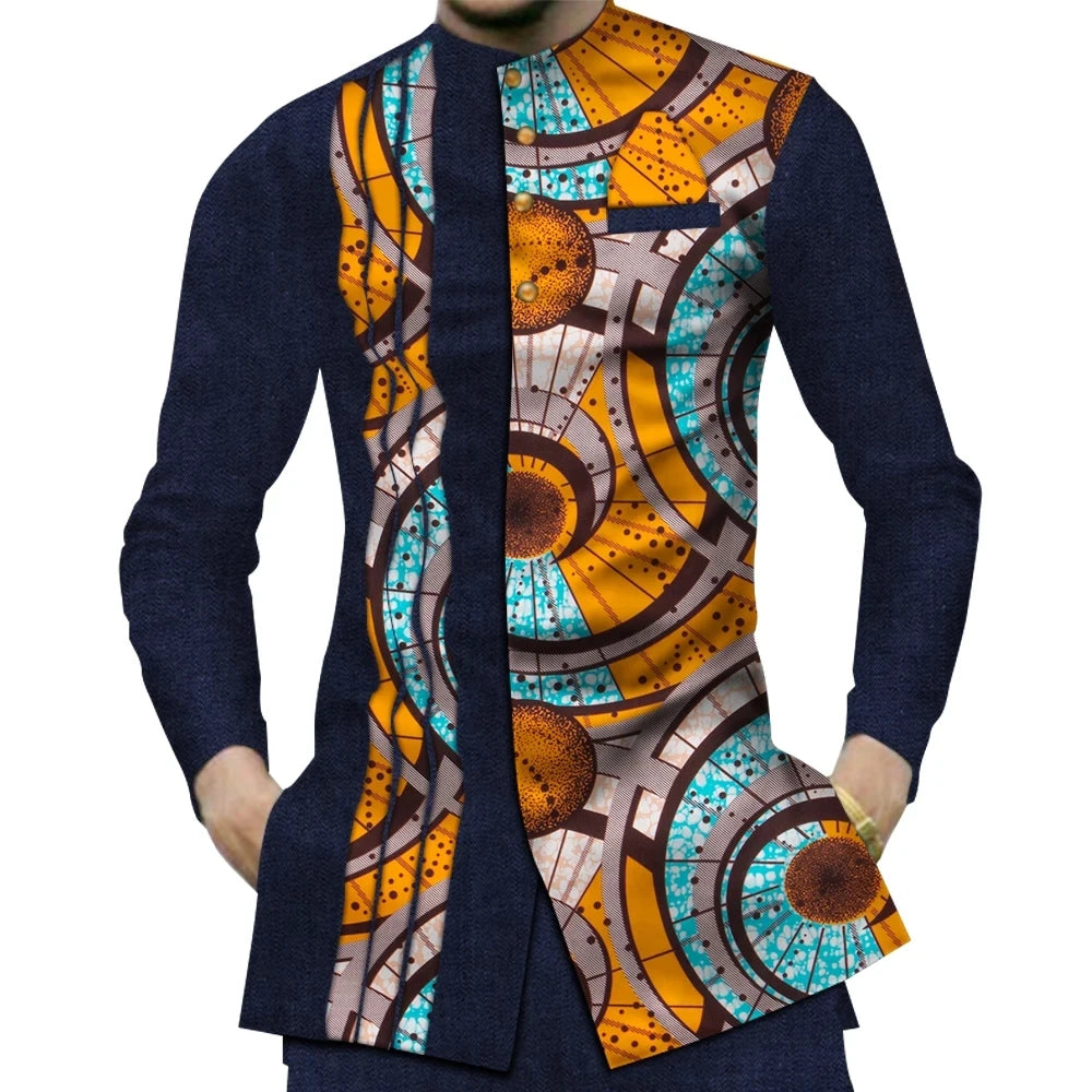 Casual 100% Cotton Mens African Clothing Dashiki Patchwork Print Shirt Tops Bazin Riche Traditional African Clothes WYN380