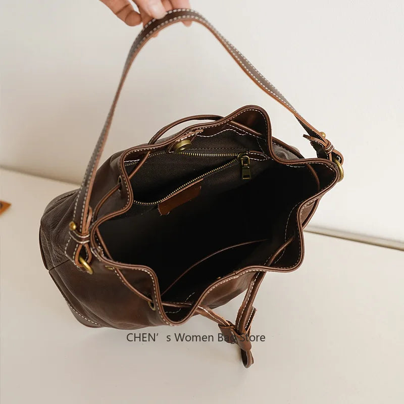 Leather Bucket Bags and Drawstring Crossbody Purse for Women Medium Tote