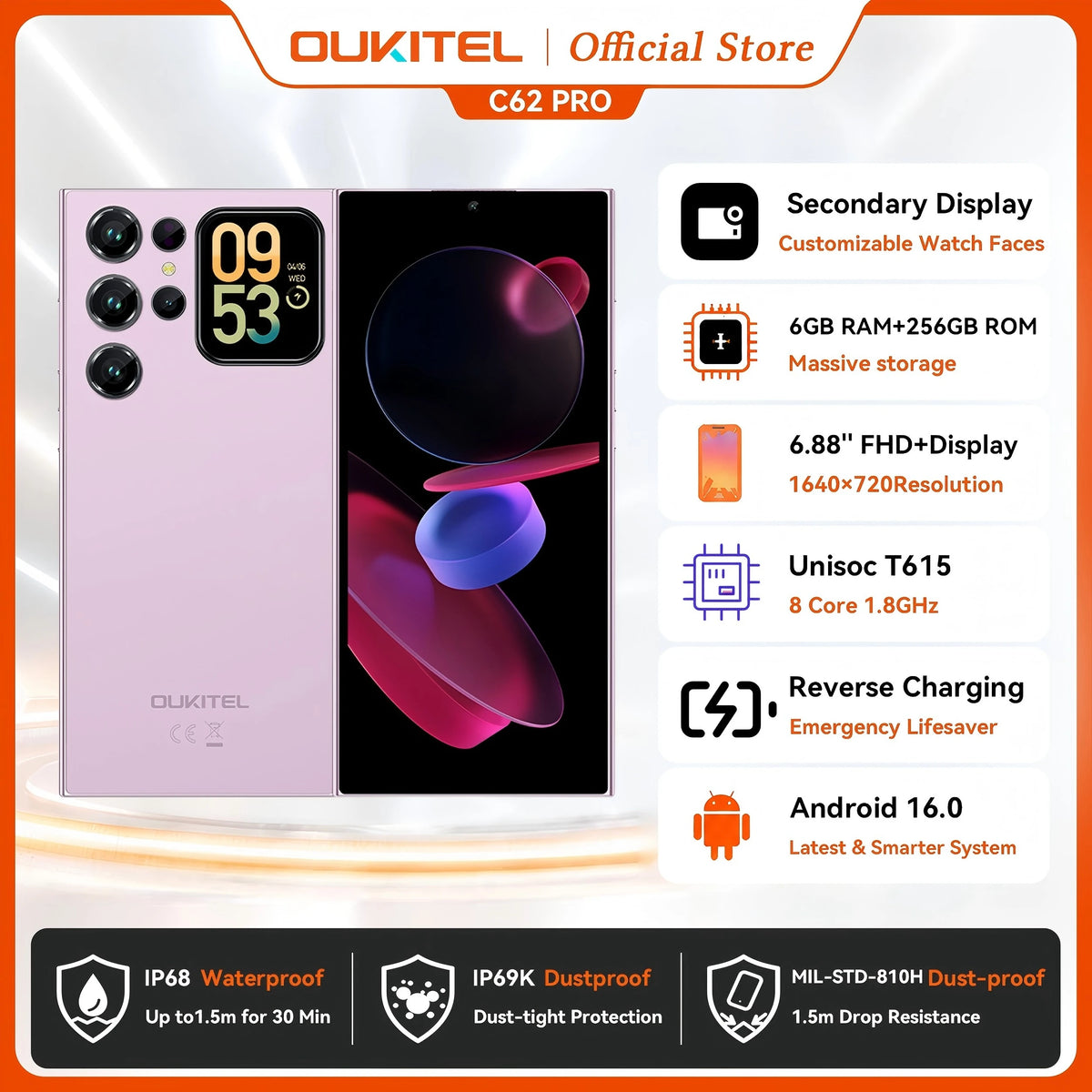 OUKITEL C62 Pro Smartphone Android 15, 6.88" HD+ Display Unisoc T615 Cell Phone, 24GB (6+18) + 256GB, 5150mAh Battery NFC Mobile