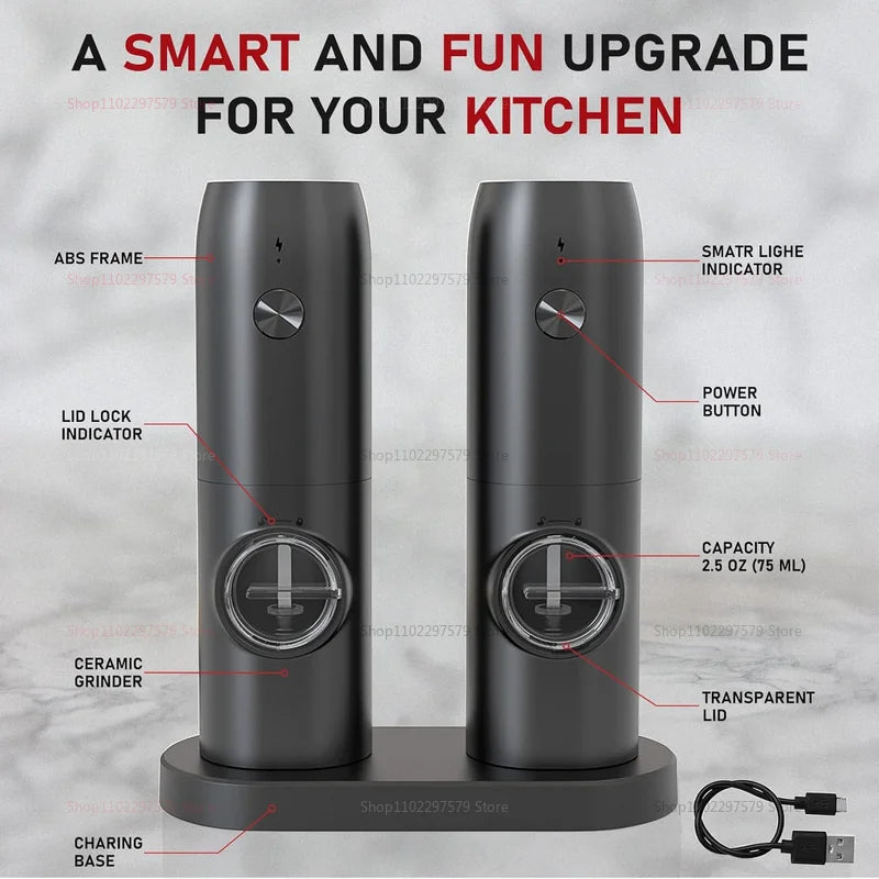 Electric Automatic Salt And Pepper Grinder Set Rechargeable With USB Gravity Spice Mill Adjustable Spices Grinder With LED Light