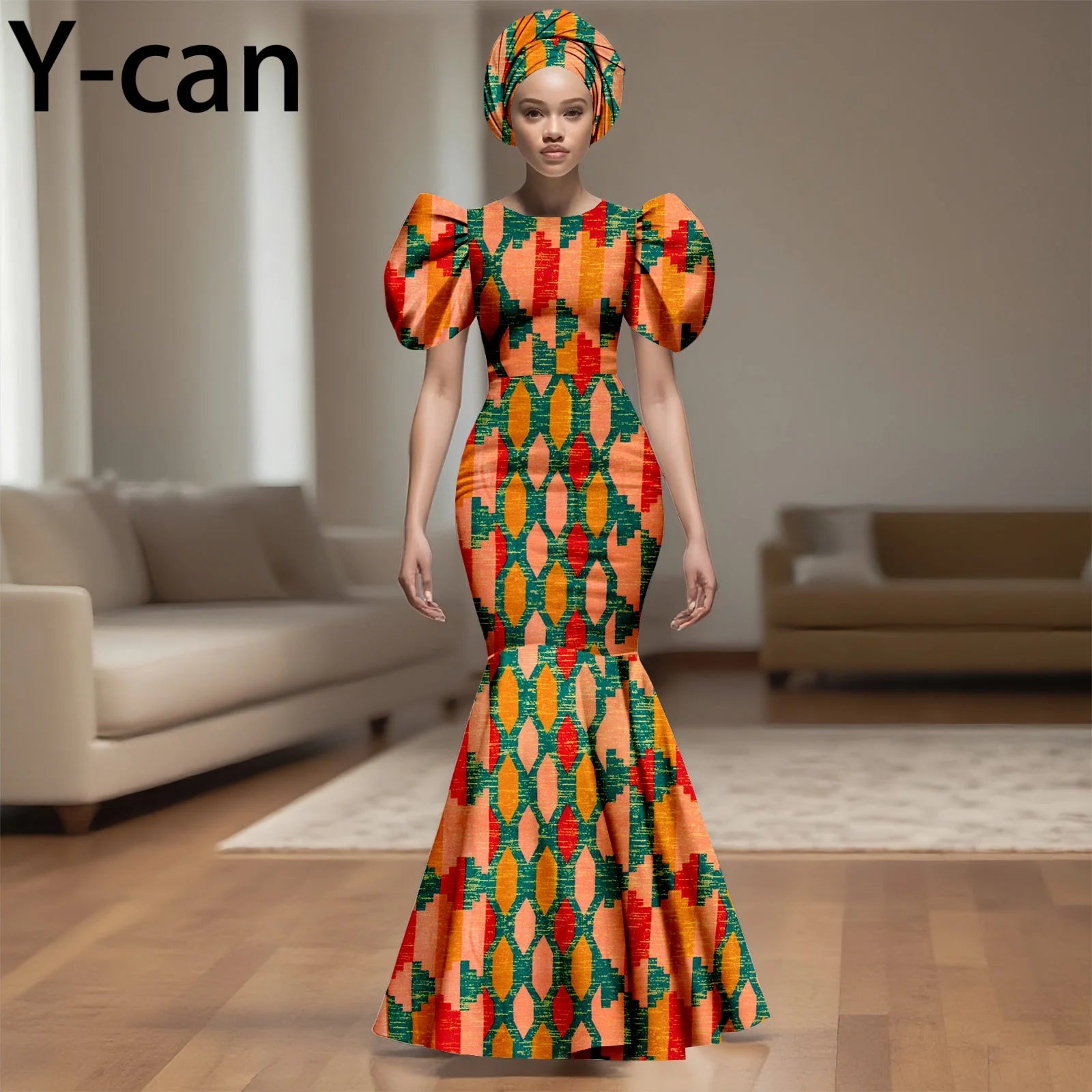African Party Dress for Women Puff Sleeve O-neck Slim Fit Mermaid Dresses with Headwrap for Birthday Evening Wedding 2525142