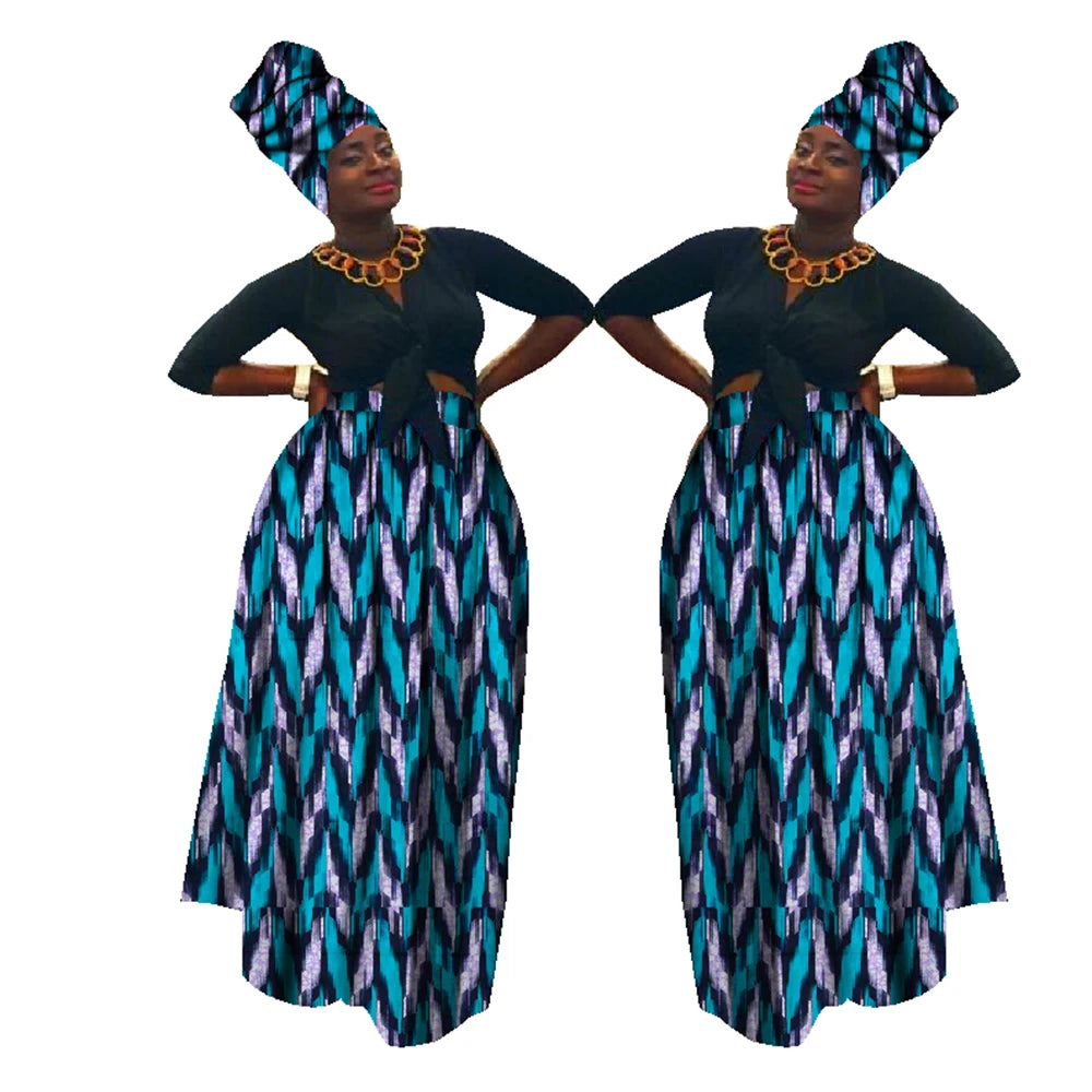 Dashiki African High Waist Ball Grown Skirt Bazin Riche African Skirt and African Headscarf 2 Pieces Lady Maxi Long Skirt WY1270
