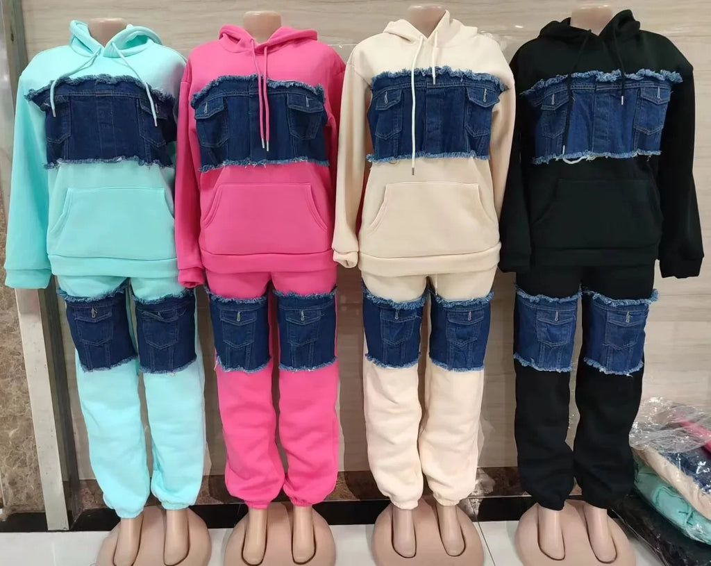 2 Piece Women Set Dashiki African Clothes Spring Autumn New Fashion Long Sleeve Denim Top And Pants Suit Party Matching Sets