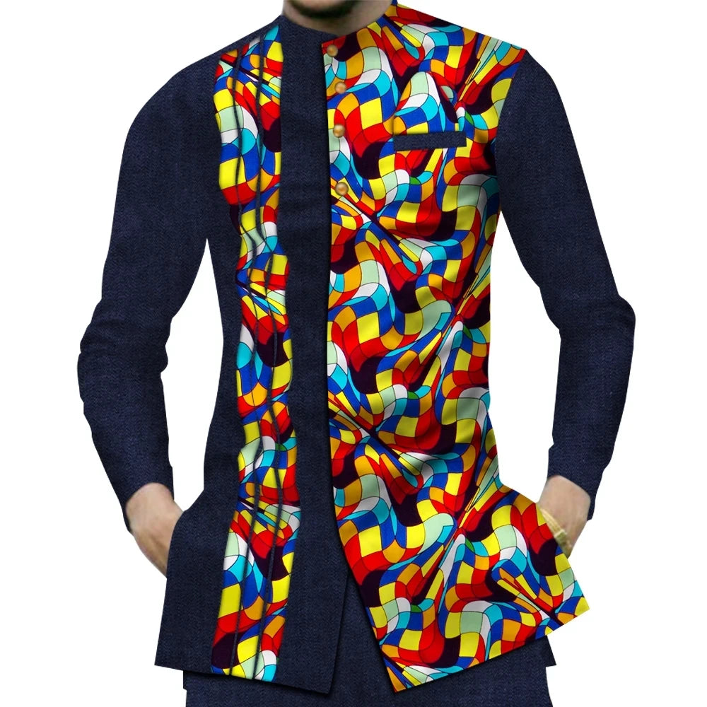 Casual 100% Cotton Mens African Clothing Dashiki Patchwork Print Shirt Tops Bazin Riche Traditional African Clothes WYN380