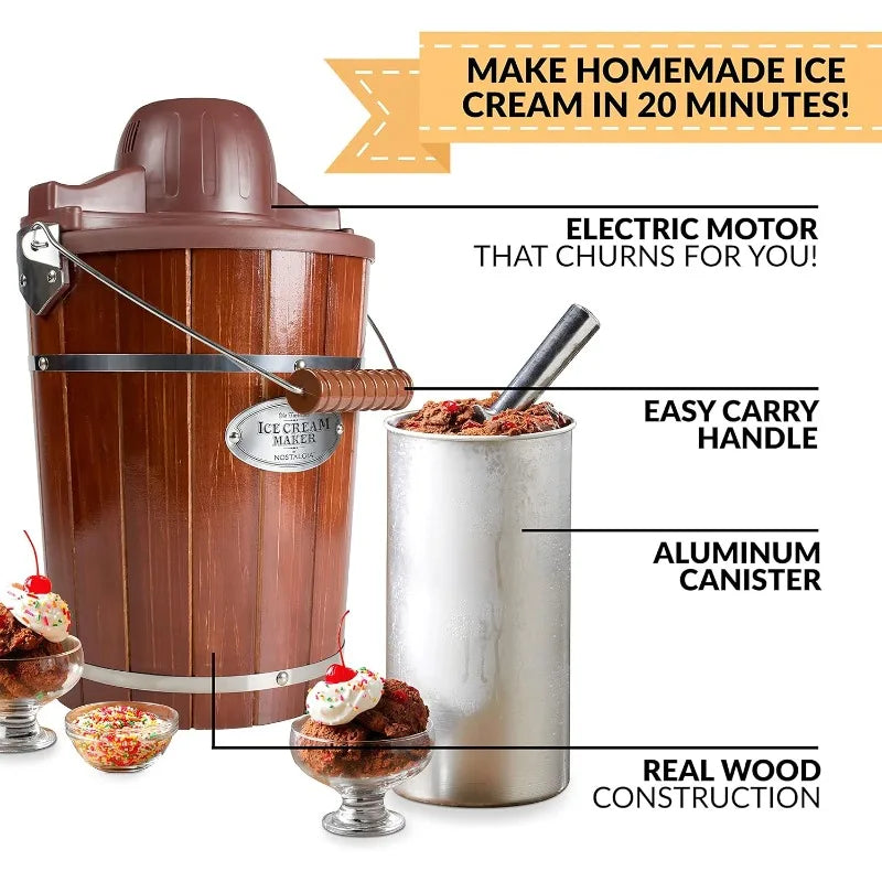 Nostalgia Electric Ice Cream Maker, Old Fashioned Soft Serve Ice Cream Machine Makes Frozen Yogurt or Gelato in Minutes, 6 Quart