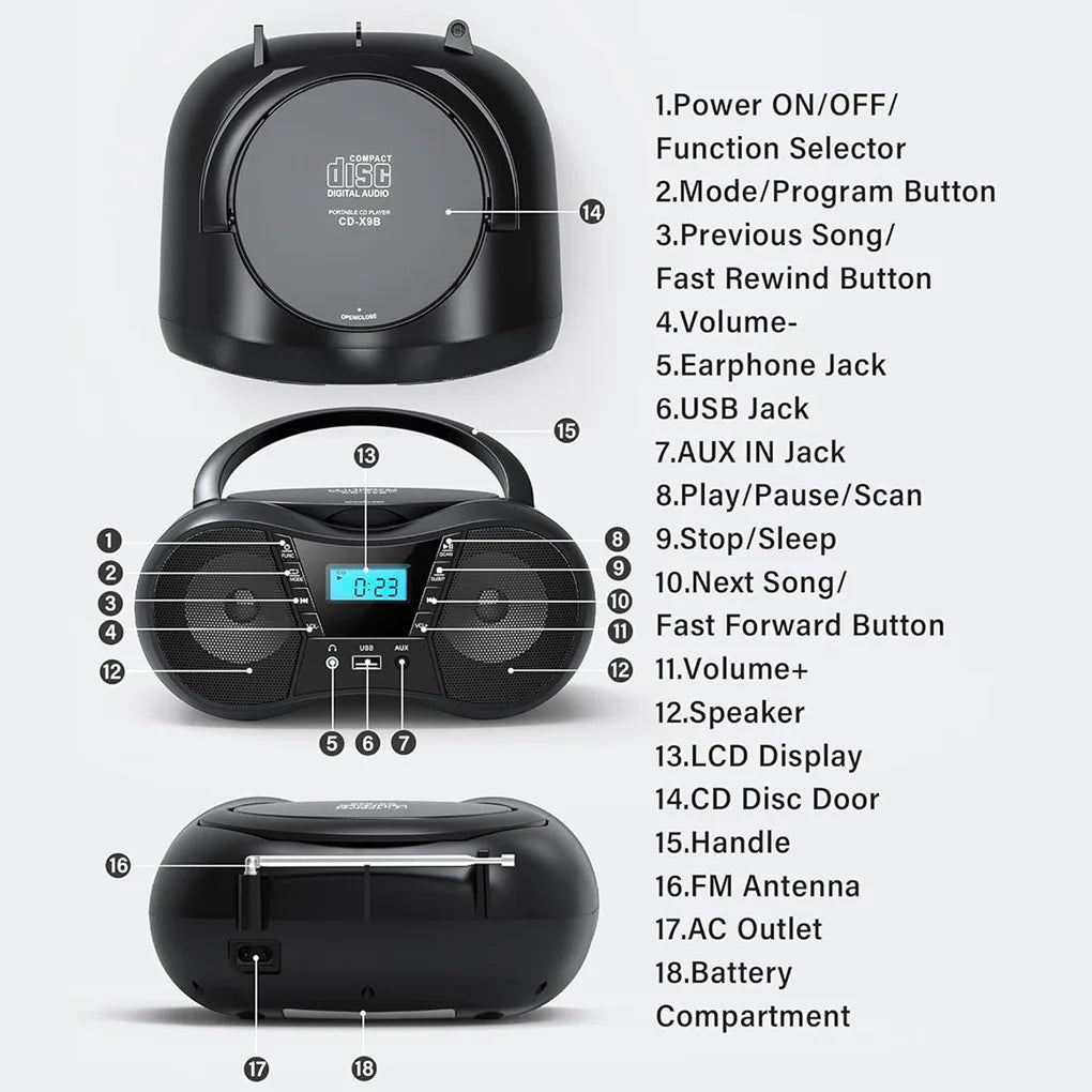 Portable CD Player Bluetooth Boombox CD Player AM/FM Radio Stereo Player, Compatible For CD/CD-R/RW Radio For Home