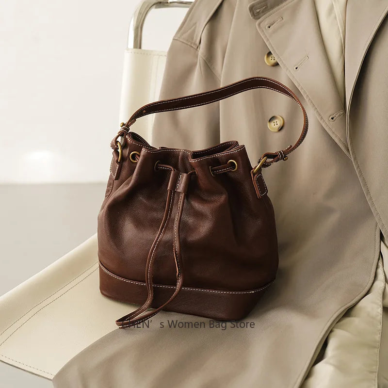 Leather Bucket Bags and Drawstring Crossbody Purse for Women Medium Tote