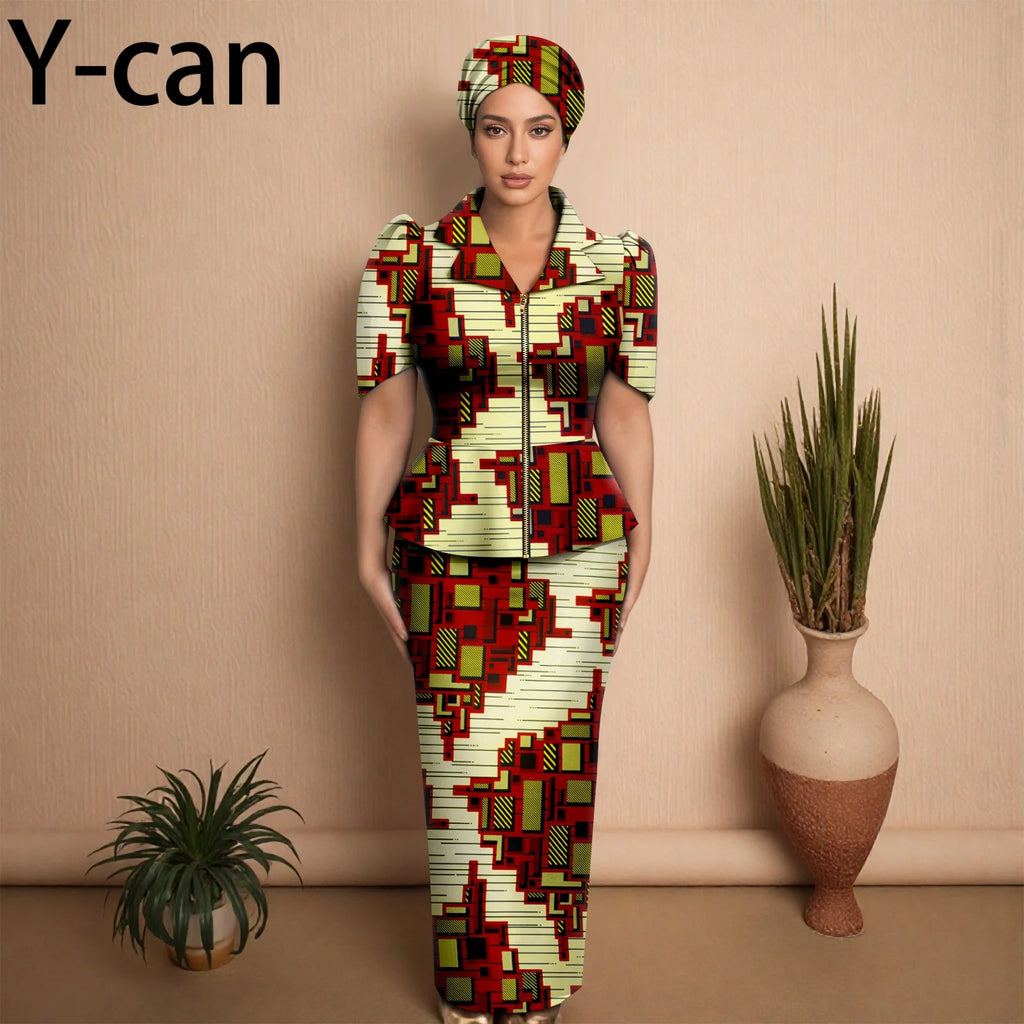 African Women Skirt Set Luxury Metal Zipper Top and Slim Fit Skirt Match Headscarf Party Wedding Elegant Lady Dress Suit 2526079