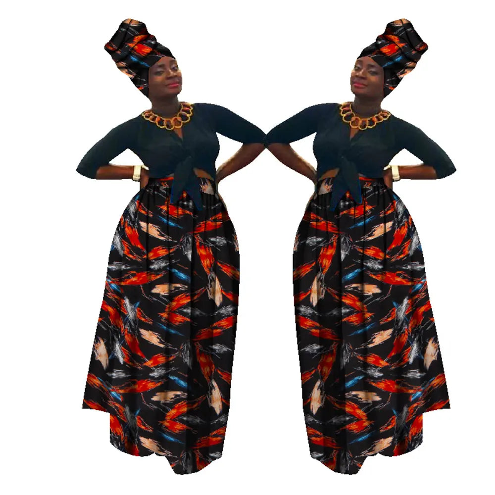 Dashiki African High Waist Ball Grown Skirt Bazin Riche African Skirt and African Headscarf 2 Pieces Lady Maxi Long Skirt WY1270