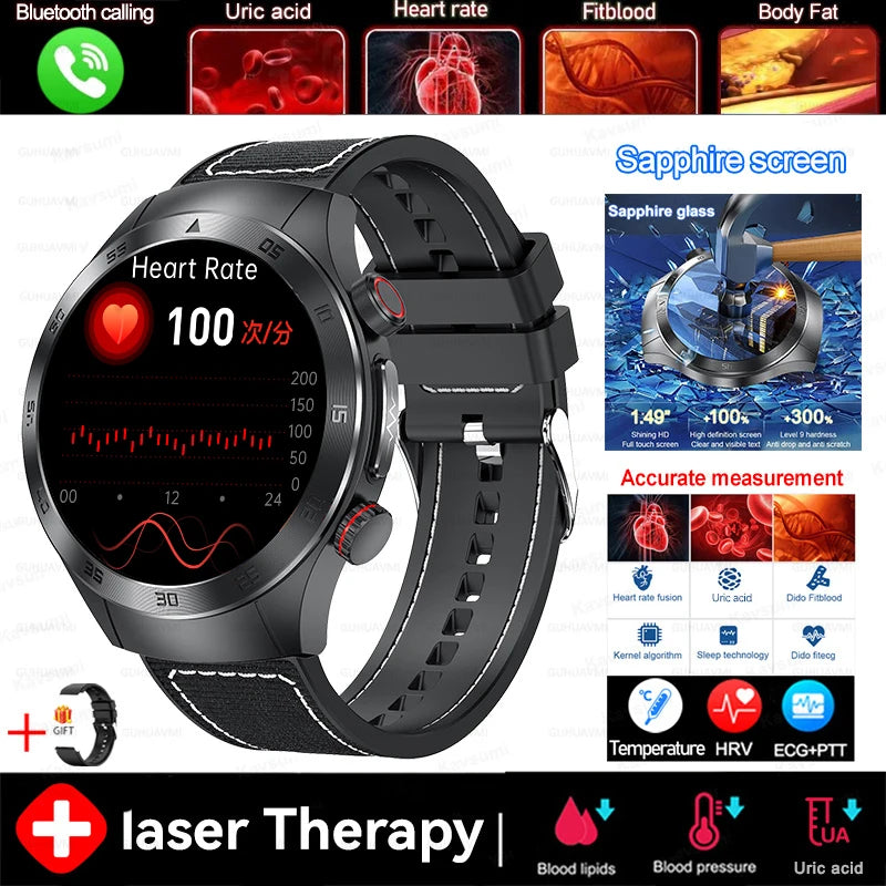 2026New Precise Laser Therapy Bracelet Health ECG+PPG Smart Watch Blood Pressure Blood Lipid Uric Acid BT HD Call SmartWatch Men
