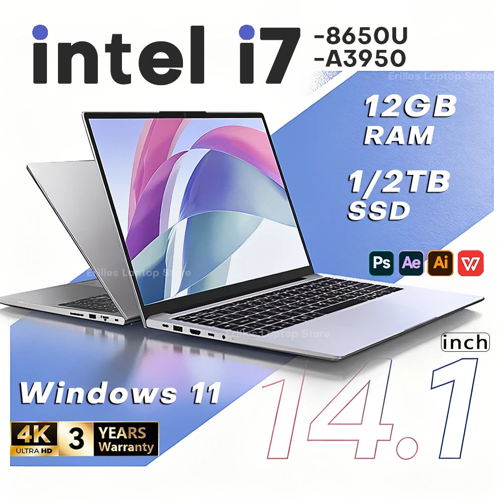14.1' Laptop Computer PC Intel Core I7 8650U Atom 3950 Ultra Slim Notebook 12GB RAM 1TB 2TB SSD Office Study Windows 11 1920*108