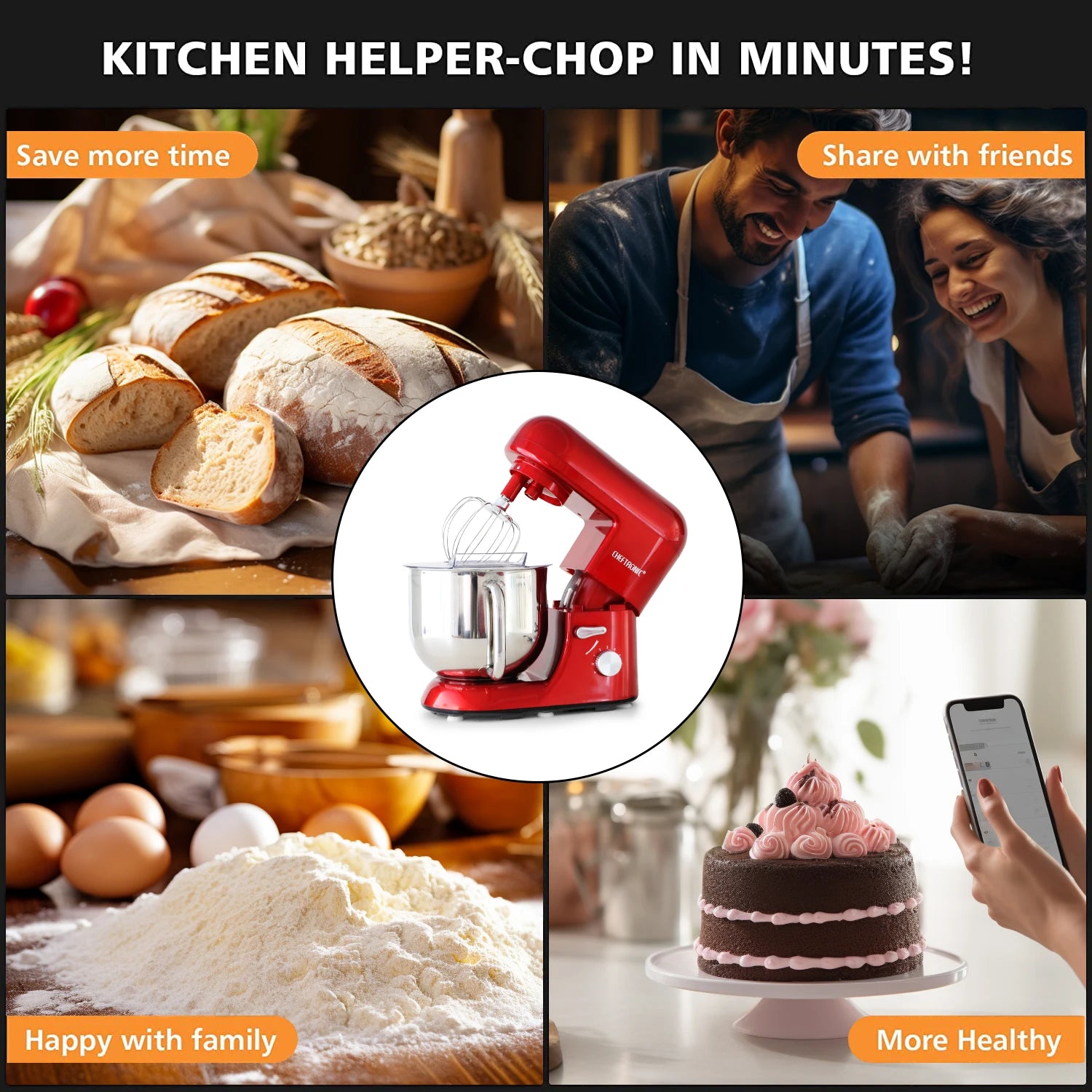 Cheftronic 6 Speed Stand Mixer with 7 Quart Stainless Steel Mixing Bowl,Dough hook, Egg whisk, Kitchen mixer with US Plug