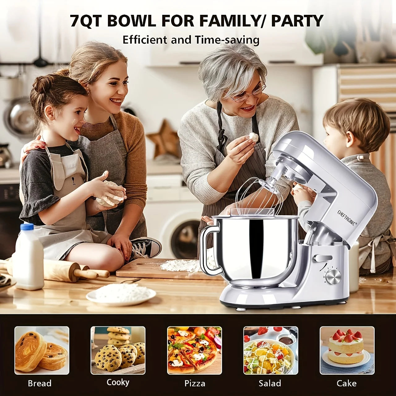1pc CHEFTRONIC Stand Mixer, 7 Qt Tilt-Head Electric Household Stand Mixer - 650W 6-P Speed, US Plug, Frother for milk