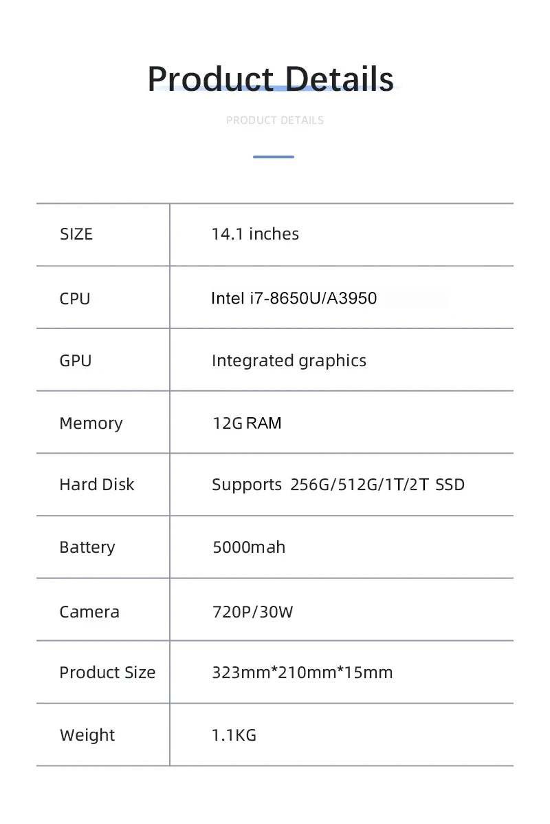 14.1' Laptop Computer PC Intel Core I7 8650U Atom 3950 Ultra Slim Notebook 12GB RAM 1TB 2TB SSD Office Study Windows 11 1920*108