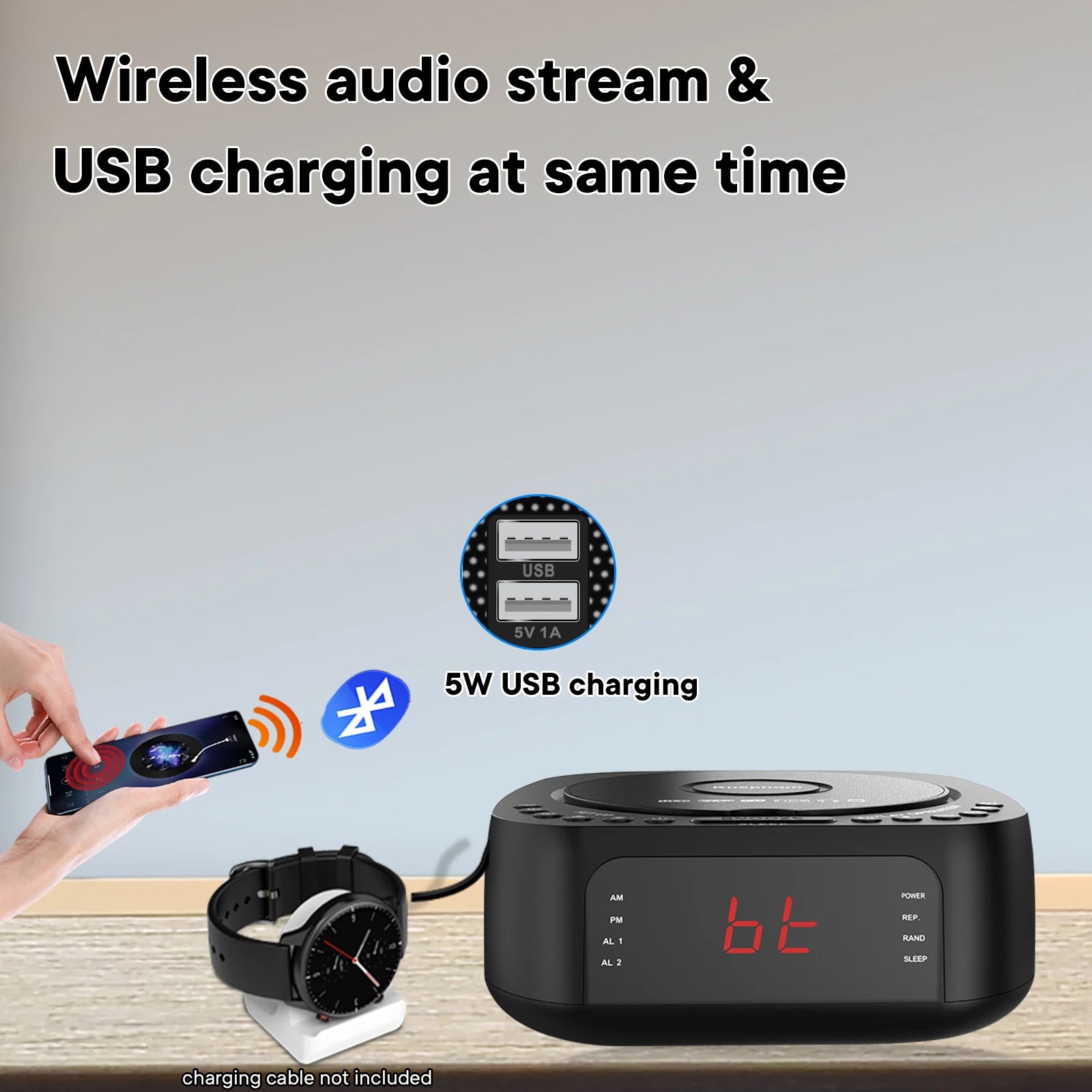 CD Player Alarm Clock with Remote,CD/MP3 Bluetooth FM radio with Speakers,USB charger,Dimmable LED display,dual alarms bedroom