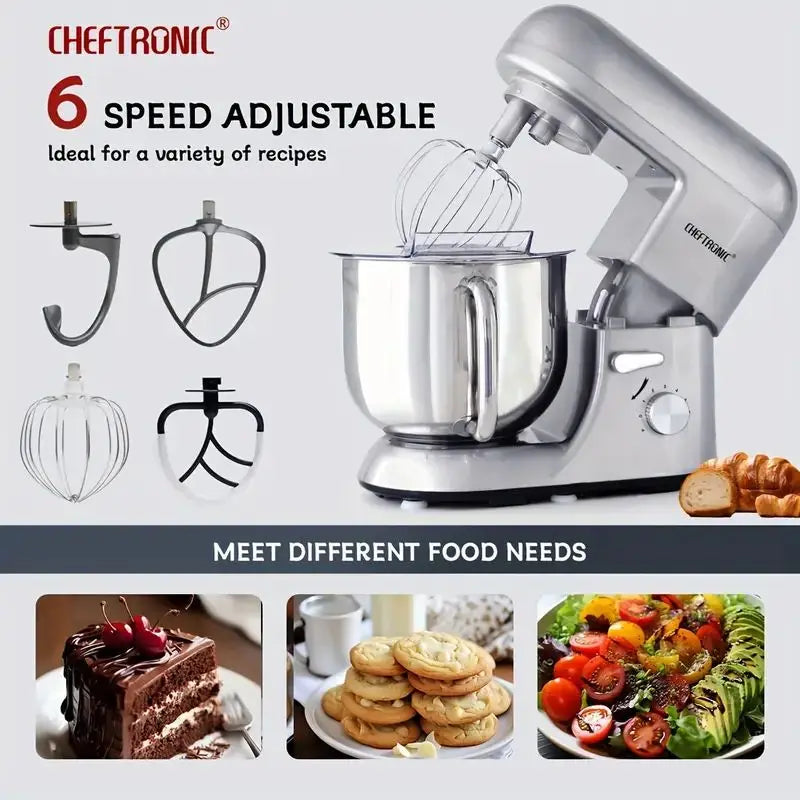 Cheftronic 6 Speed Stand Mixer with 7 Quart Stainless Steel Mixing Bowl,Dough hook, Egg whisk, Kitchen mixer with US Plug