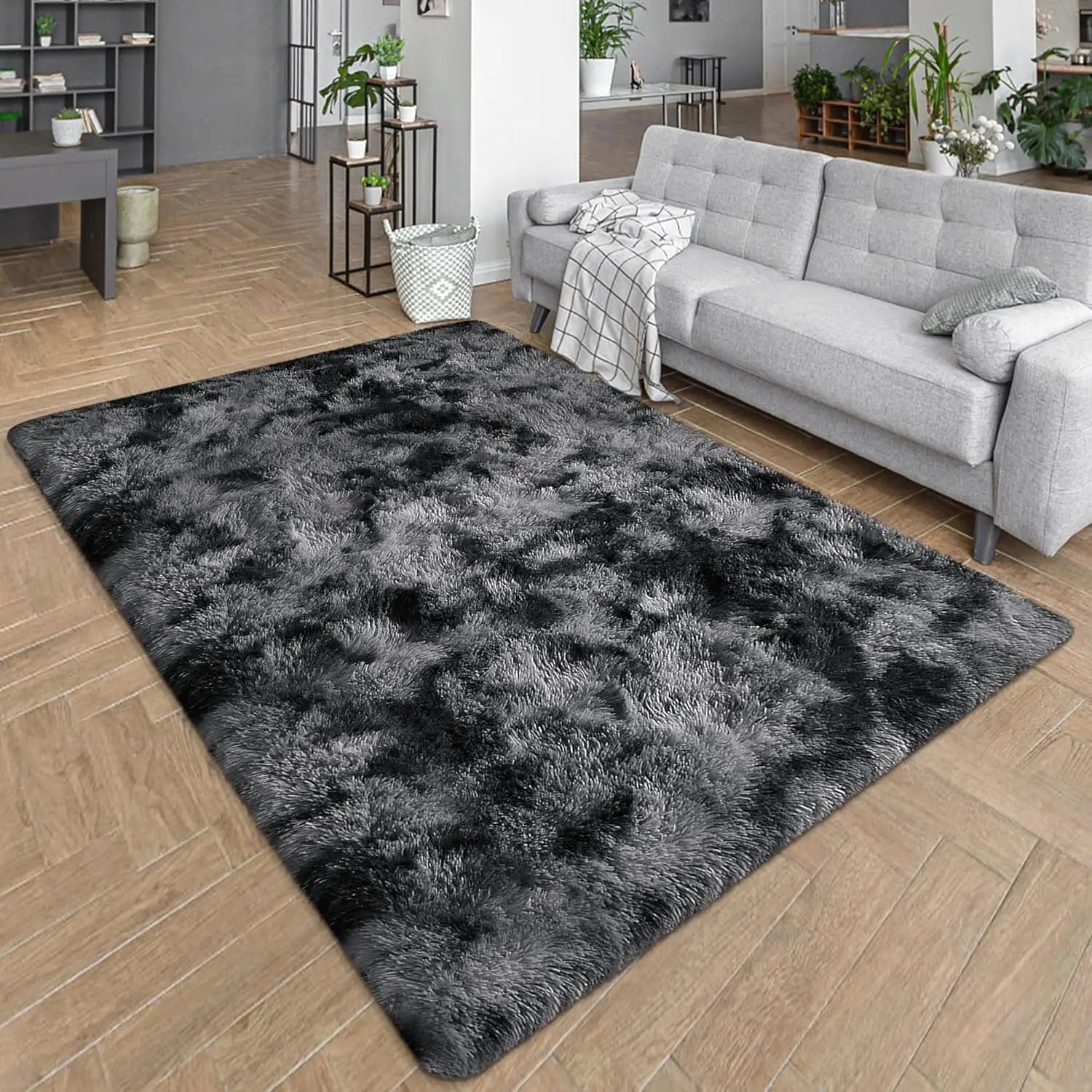 Soft Area Rugs for Living Room Non-Slip Thick Plush Carpets for Winter Tie-Dye Dark Gray Fluffy Artificial Velvet Soft Carpets