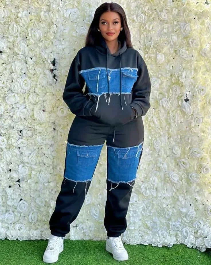 2 Piece Women Set Dashiki African Clothes Spring Autumn New Fashion Long Sleeve Denim Top And Pants Suit Party Matching Sets