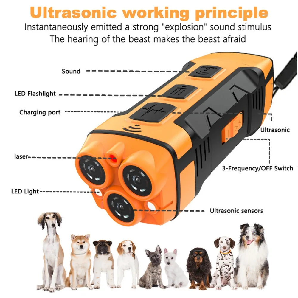10M High Power Deterrent Ultrasonic Dog Repeller Pet Training Anti Barking with Led Flashlight Rechargeable for Dogs Accessories