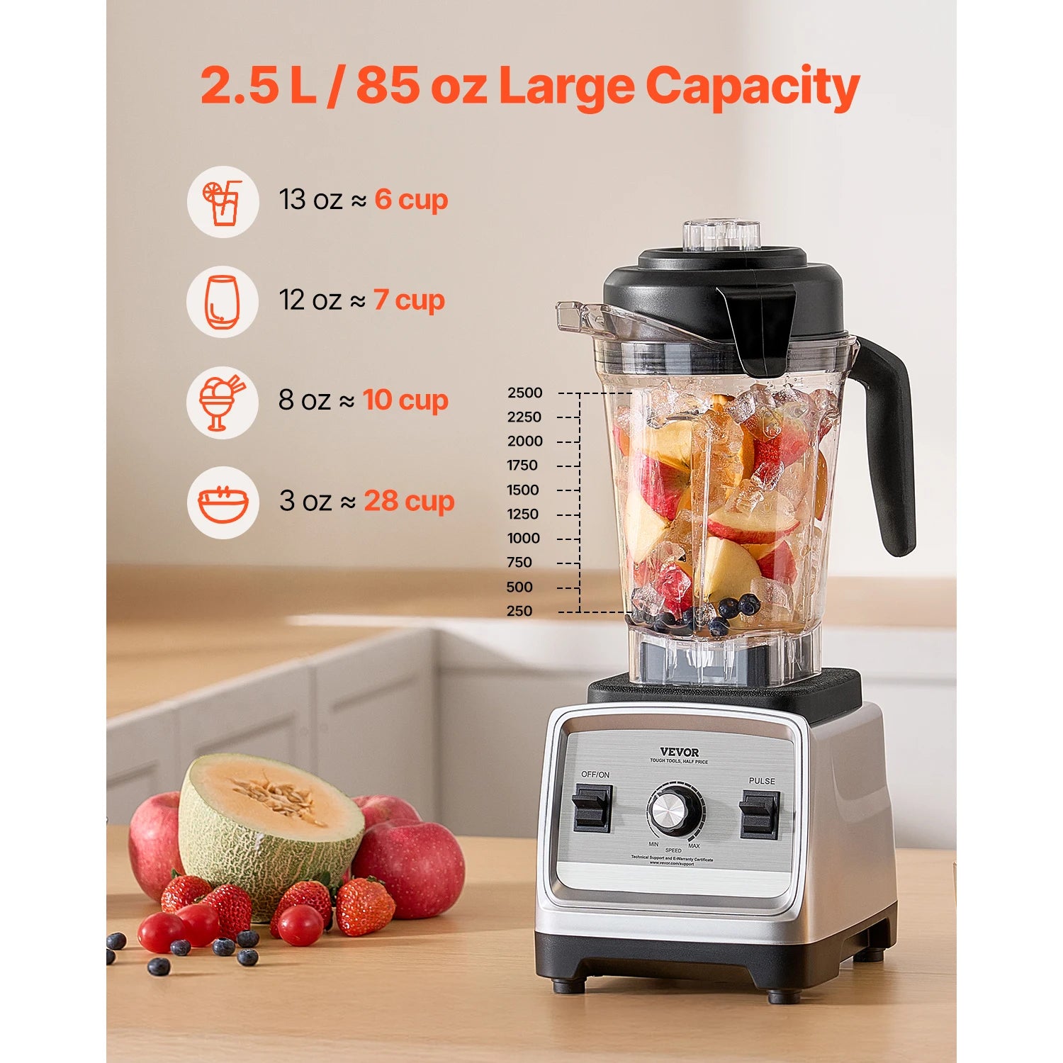 VEVOR Blender for Smoothies 1400W Professional Blender with Powerful Motor Multi-Functional Food Processing Blender for Kitchen