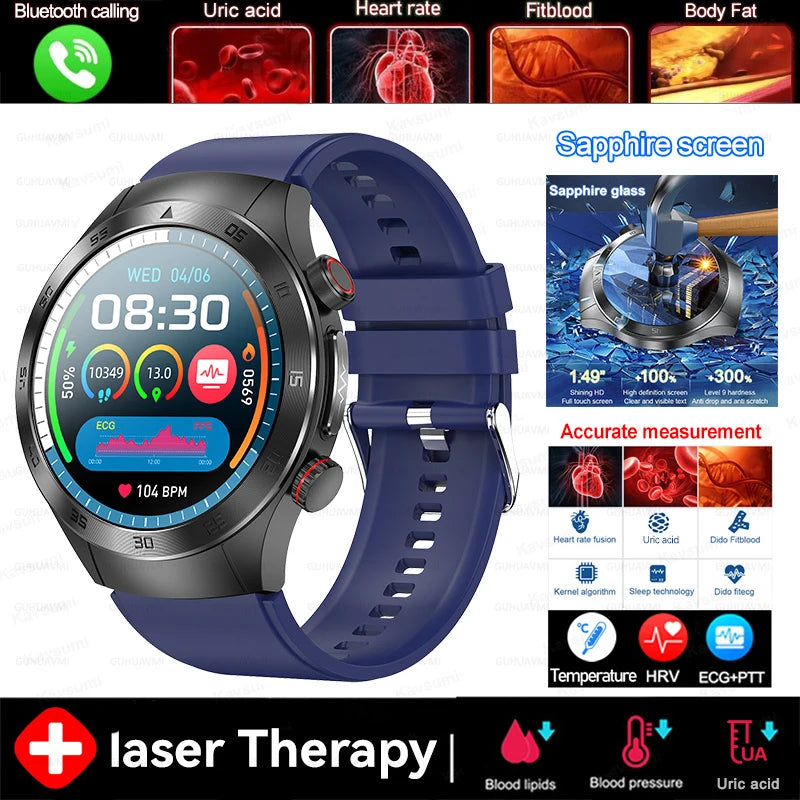 2026New Precise Laser Therapy Bracelet Health ECG+PPG Smart Watch Blood Pressure Blood Lipid Uric Acid BT HD Call SmartWatch Men