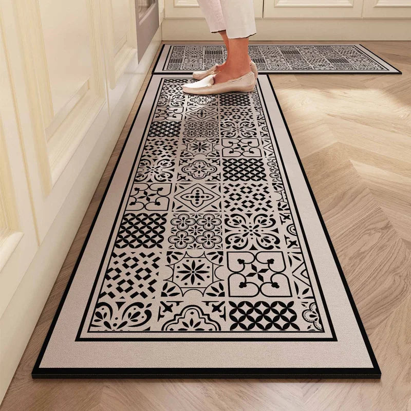 VIKAMA Vintage Crystal Velvet Kitchen Floor Mat, Water-Absorbing, Oil-Absorbing, Anti-Slip, No-Clean L-Shaped Carpet, Home Decor