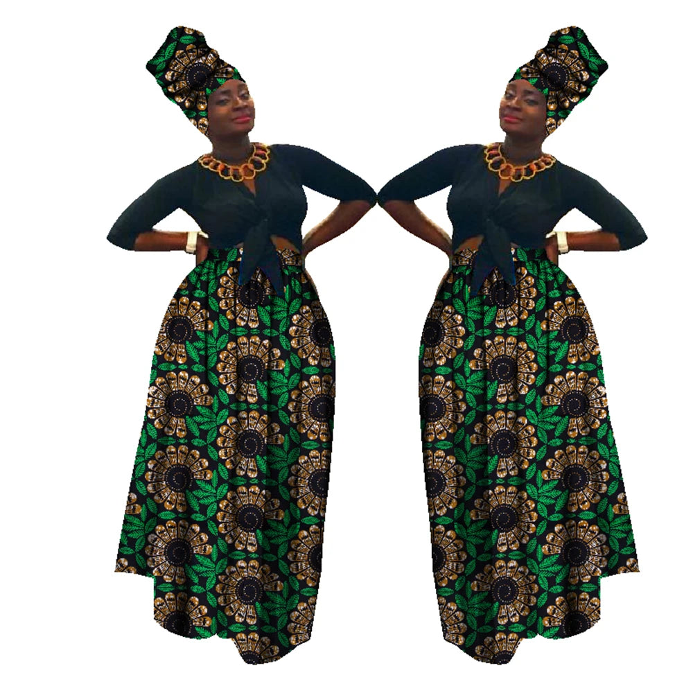 Dashiki African High Waist Ball Grown Skirt Bazin Riche African Skirt and African Headscarf 2 Pieces Lady Maxi Long Skirt WY1270