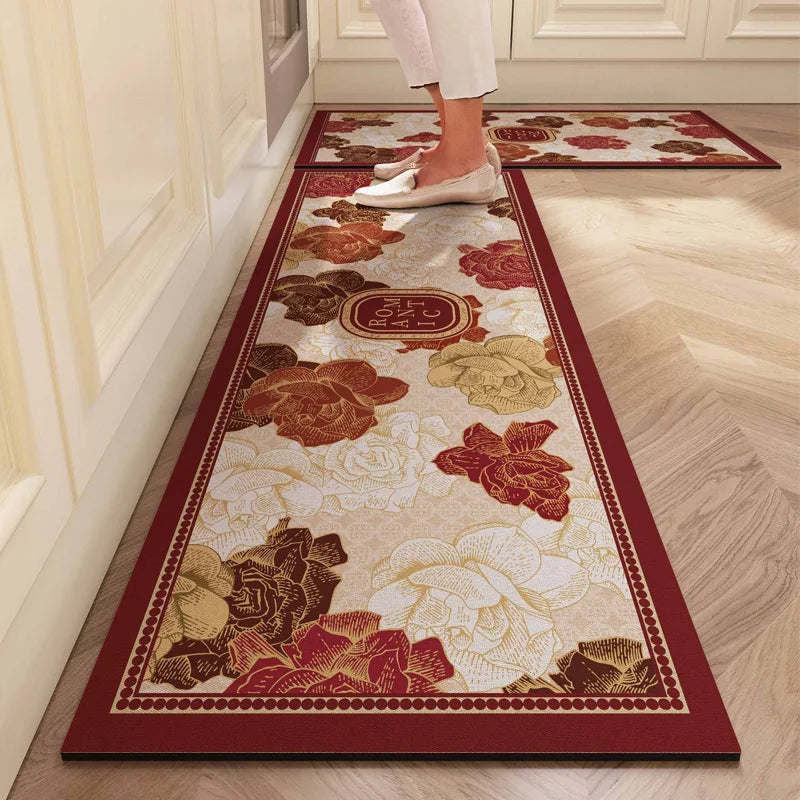 VIKAMA Vintage Crystal Velvet Kitchen Floor Mat, Water-Absorbing, Oil-Absorbing, Anti-Slip, No-Clean L-Shaped Carpet, Home Decor